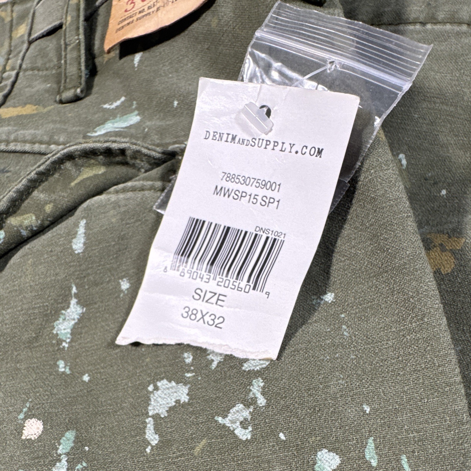 Denim & Supply Ralph Lauren Slim Cargo Pants Green Paint Splatter 38 x 32