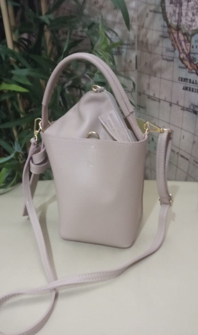 Quadro Bucket Bag with Pockets and Shoulder Strap Color Nude GENUINE LEATHER Made…