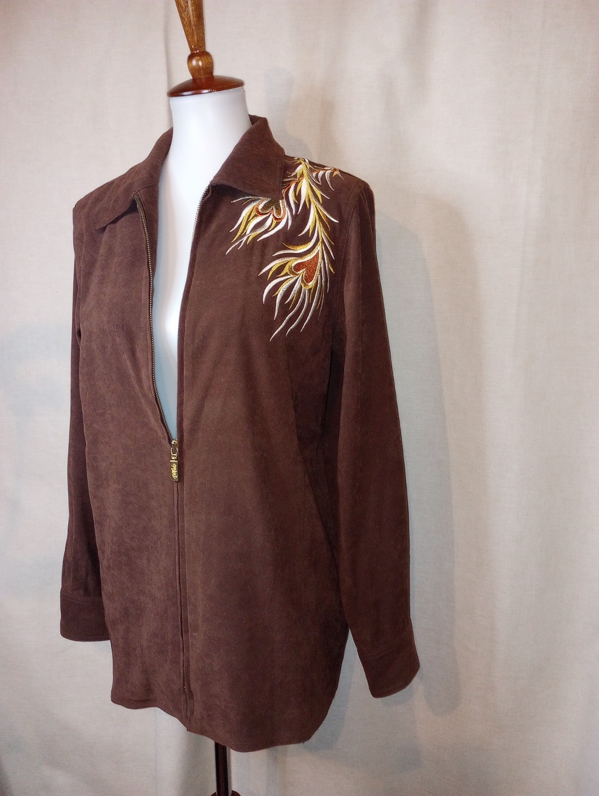Bob Mackie Vtg Phoenix Wearable Art embroider zip jacket brown faux suede Small