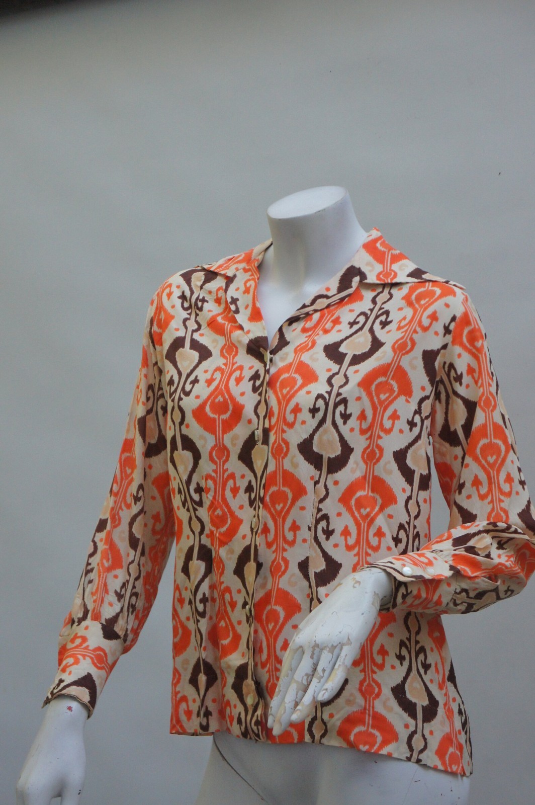 Vintage 60s Orange & Brown Damask Print Blouse Down Shirt Boho Retro Hippie