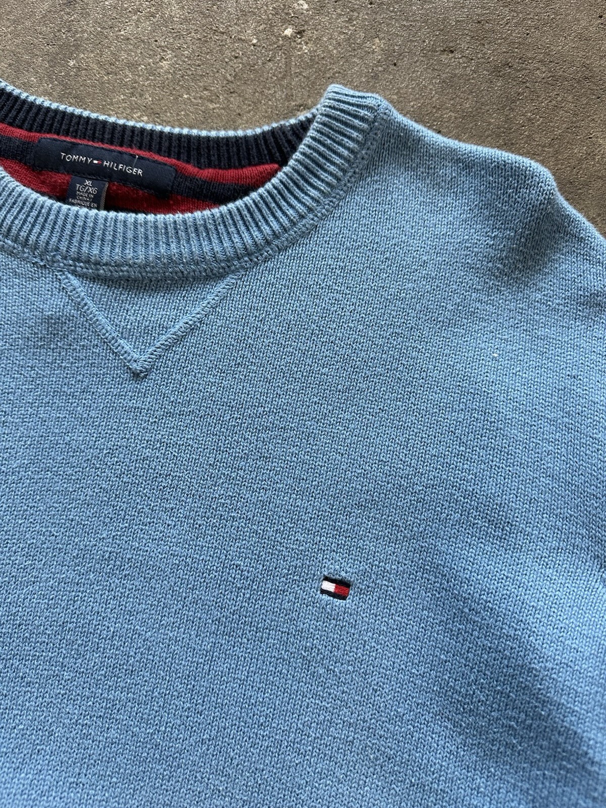 Vintage 90s Tommy Hilfiger Embroidered Logo Knit Sweater Sweatshirt Blue Sz XL