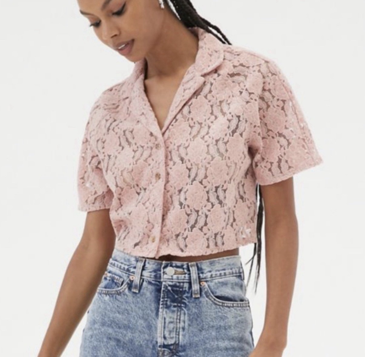 Urban Outfitters Pink Lace Chenille Sheer Cropped Button Blouse Size L