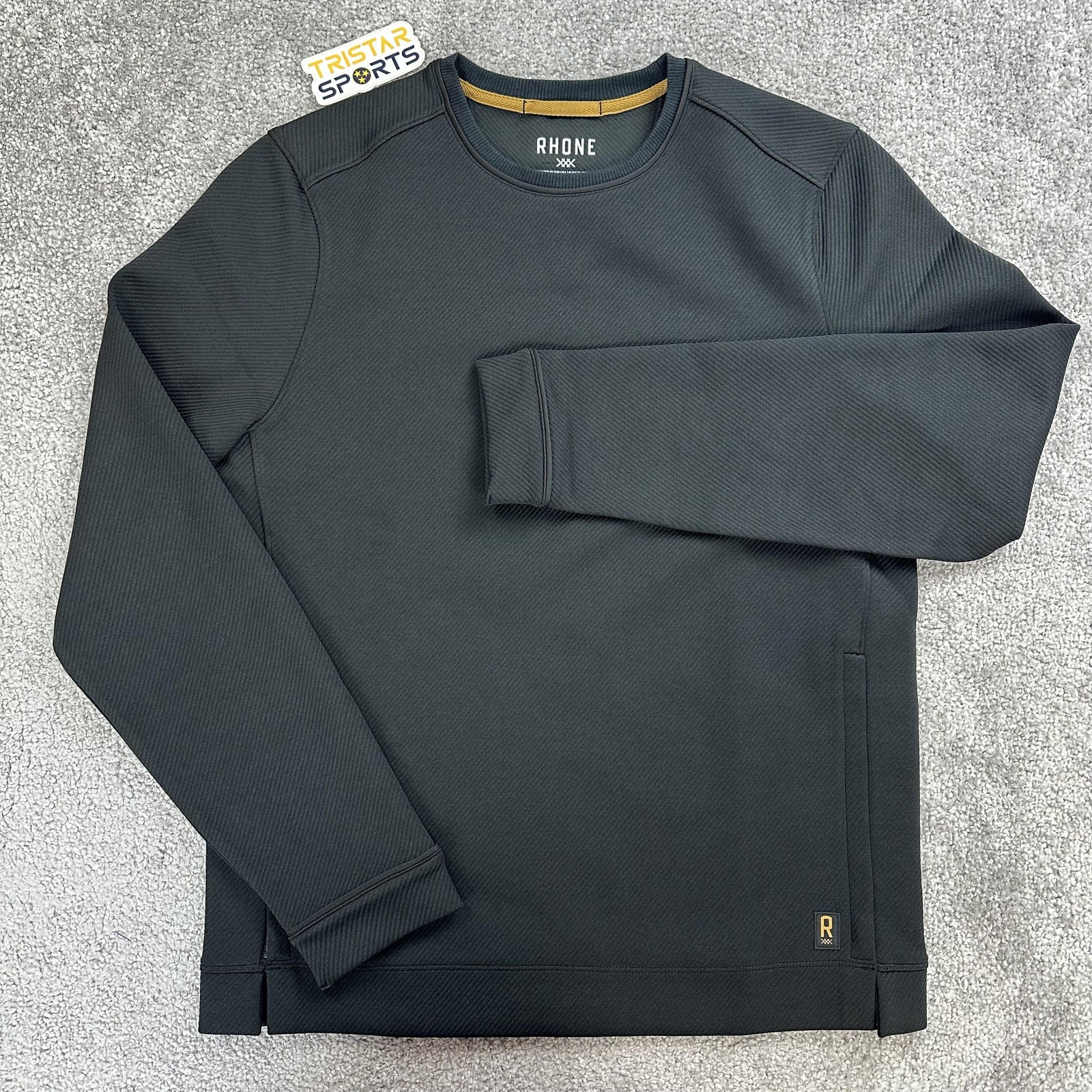 Rhone Quantum Crewneck Sweater Mens Small Black Stretch Knit Twill Pullover Zip