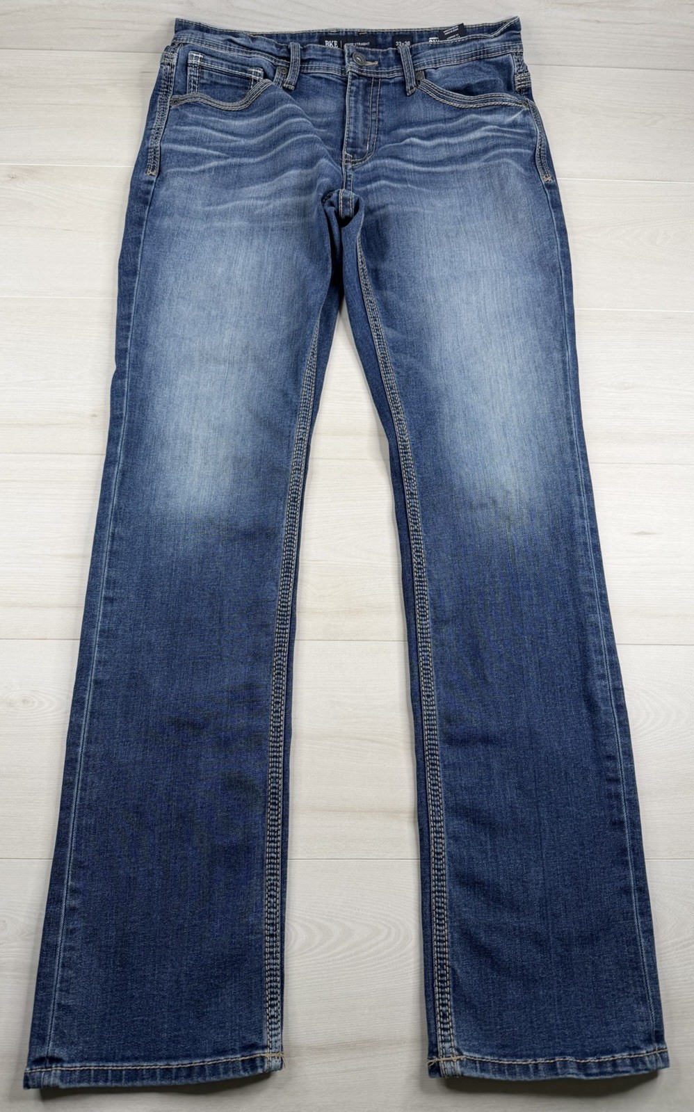 Buckle BKE Jake Straight Jeans Dark Wash Stretch Whiskered Denim Mens 33×34