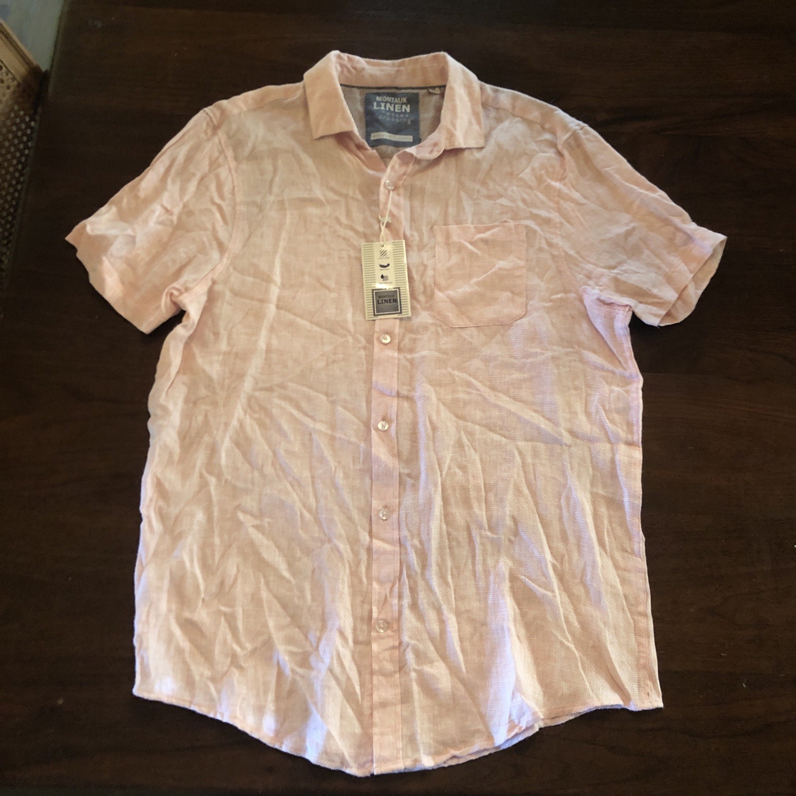 Montauk Linen Essex Crossing Shirt Men Medium M Pink Button Up Short Sleeve Pink