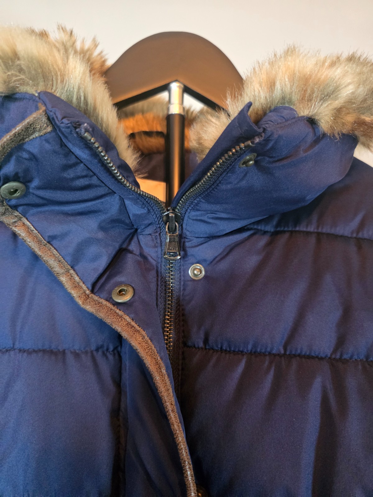Old Navy Womens Large Navy Blue Puffer Jacket Faux Fur Collar Trim Quilted Coat