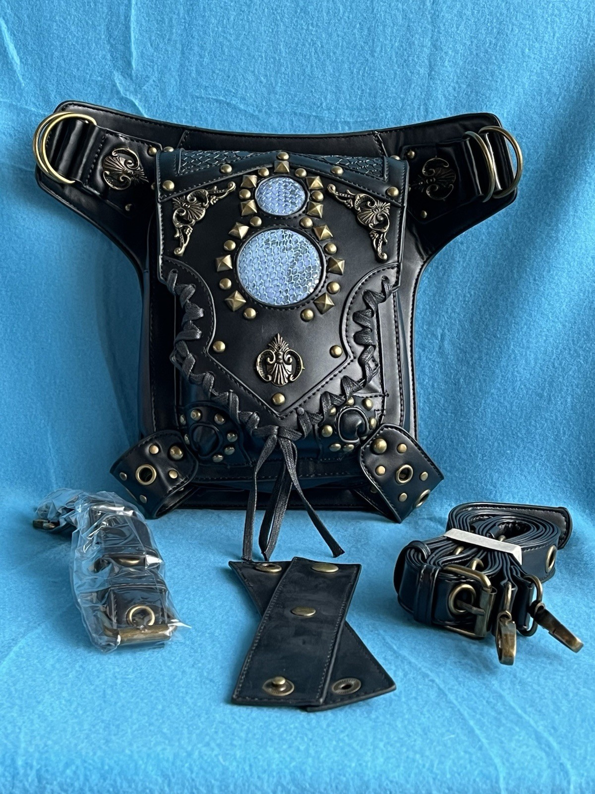 Steampunk Black Studded Lace-Up Crossbody Bag Zip & Magnetic Detachable Strap