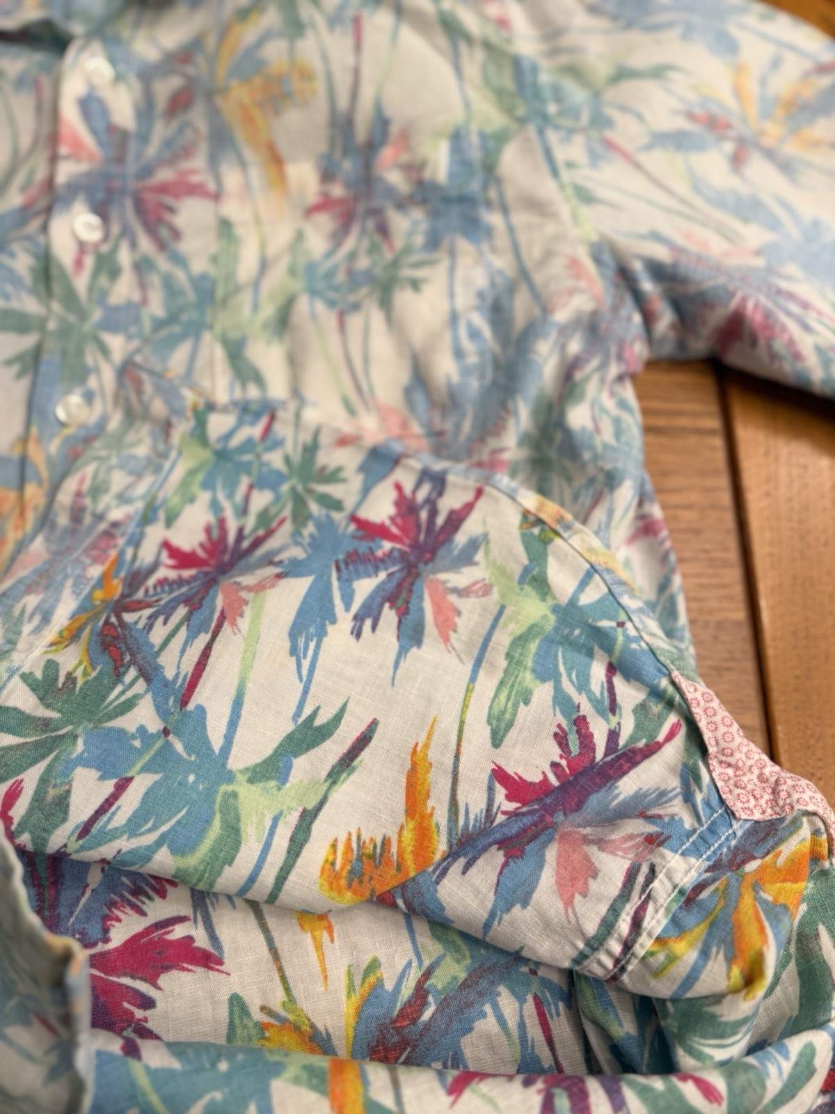 Tommy Bahama Reverse Print Linen Blend Tropical Palm Shirt Women’s Small