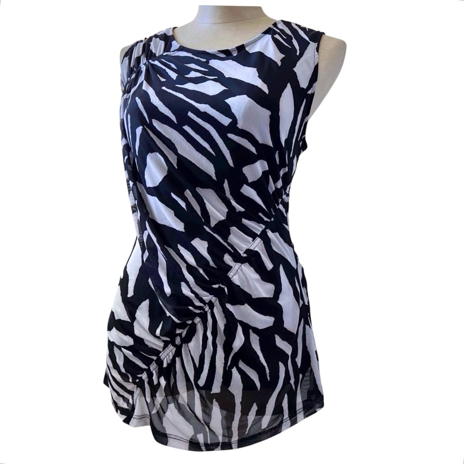 DKNY Y2K Zebra Print Mesh Overlay Top Tank Sleeveless Ruched Mob Wife XL Fitted