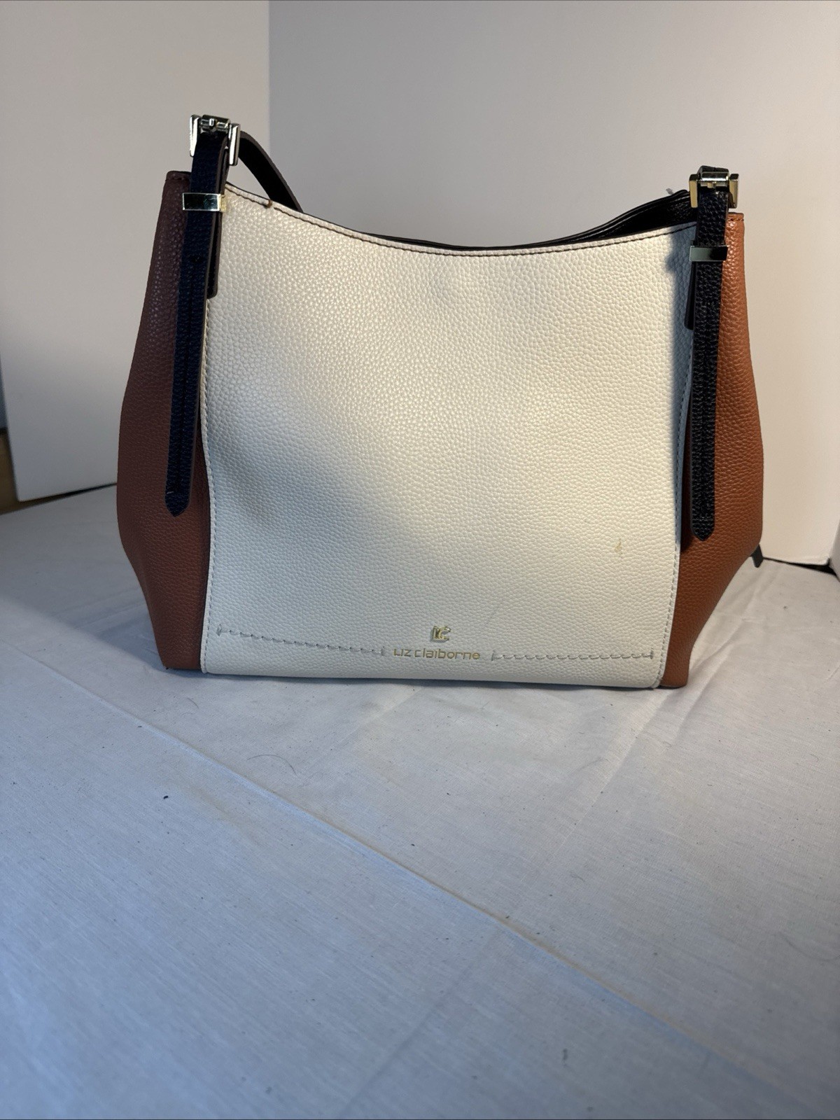 Liz Claiborne Stella 4 Poster Shoulder Bag Cream Brown Black Gold Quiet Luxury