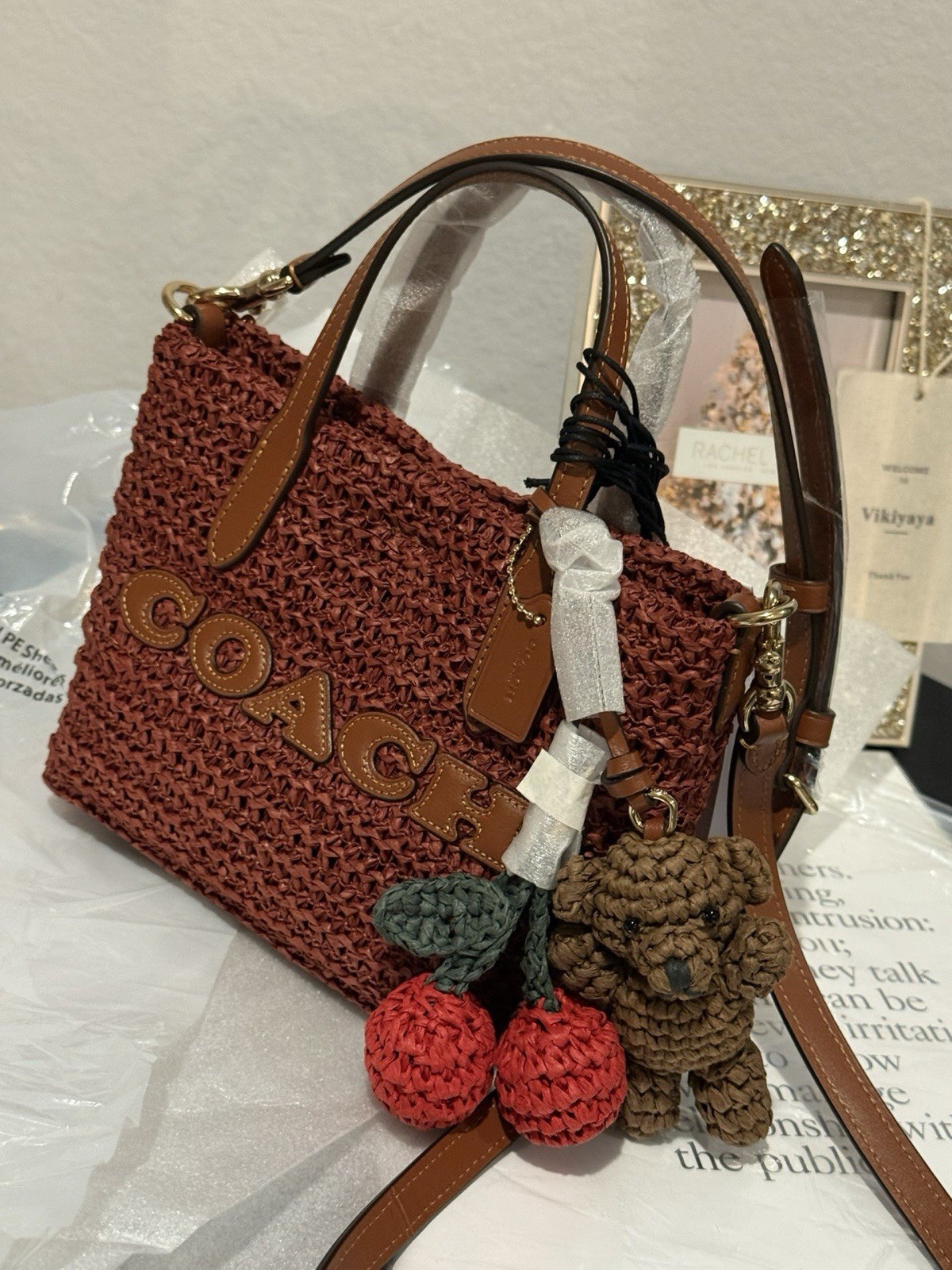 coach City Mini Tote Bag With cherry and bear Charms CEU30 NWT