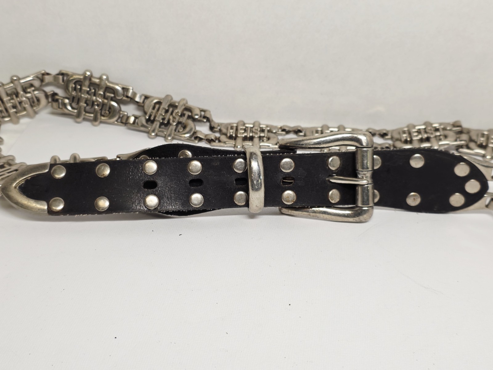 Vintage Metal Heist Dollar Signs Motorcycle Belt Leather 46.5″ Biker Punk Rock