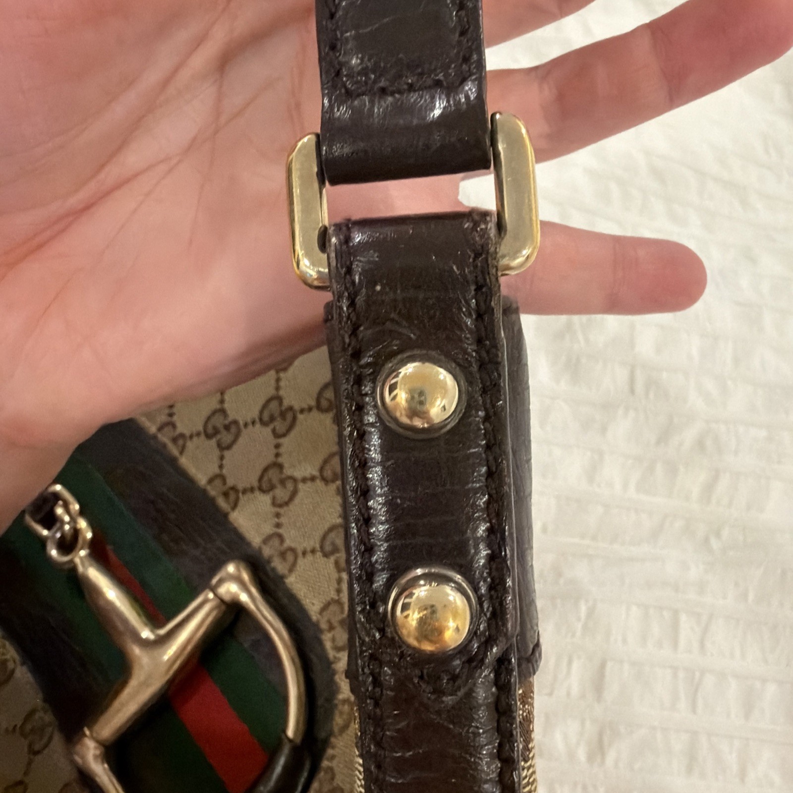 Gucci Heritage Horsebit Hobo In GG Canvas, Brown Leather Gold Bit