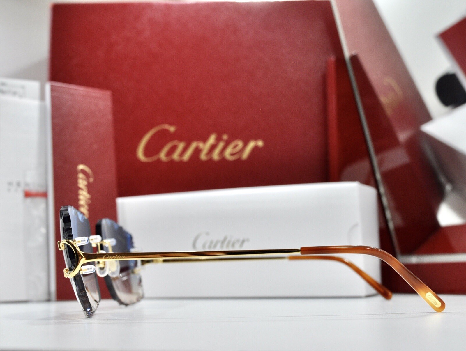 New Cartier rimless sunglasses fred glasses Diamond Cut decor BIG C gold Frame