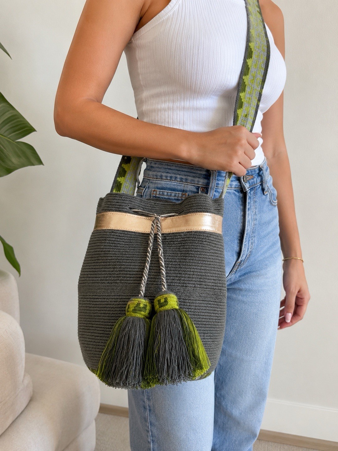 Authentic Handmade Wayuu Mochila Bag Gray Olive Green Gold Leather Trim Colombia