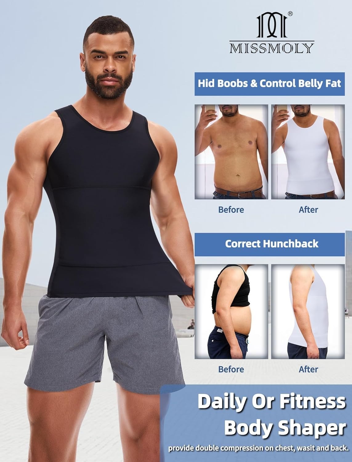 2 Pack Men Compression Slim Tummy Control Body Shaper Vest Tank Top Shapewear