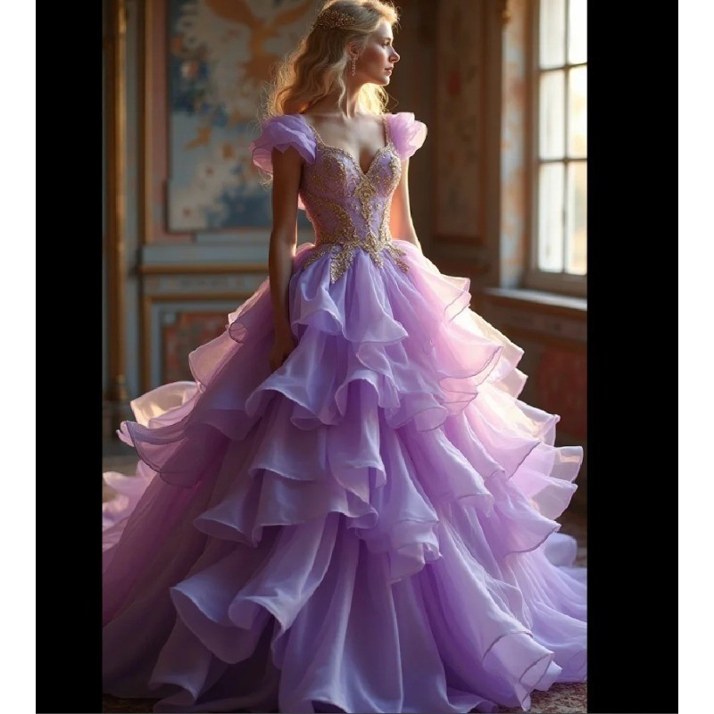 Lavender Off-Shoulder Tulle Ruffled Gold Embellished Ball Gown Prom Dresses