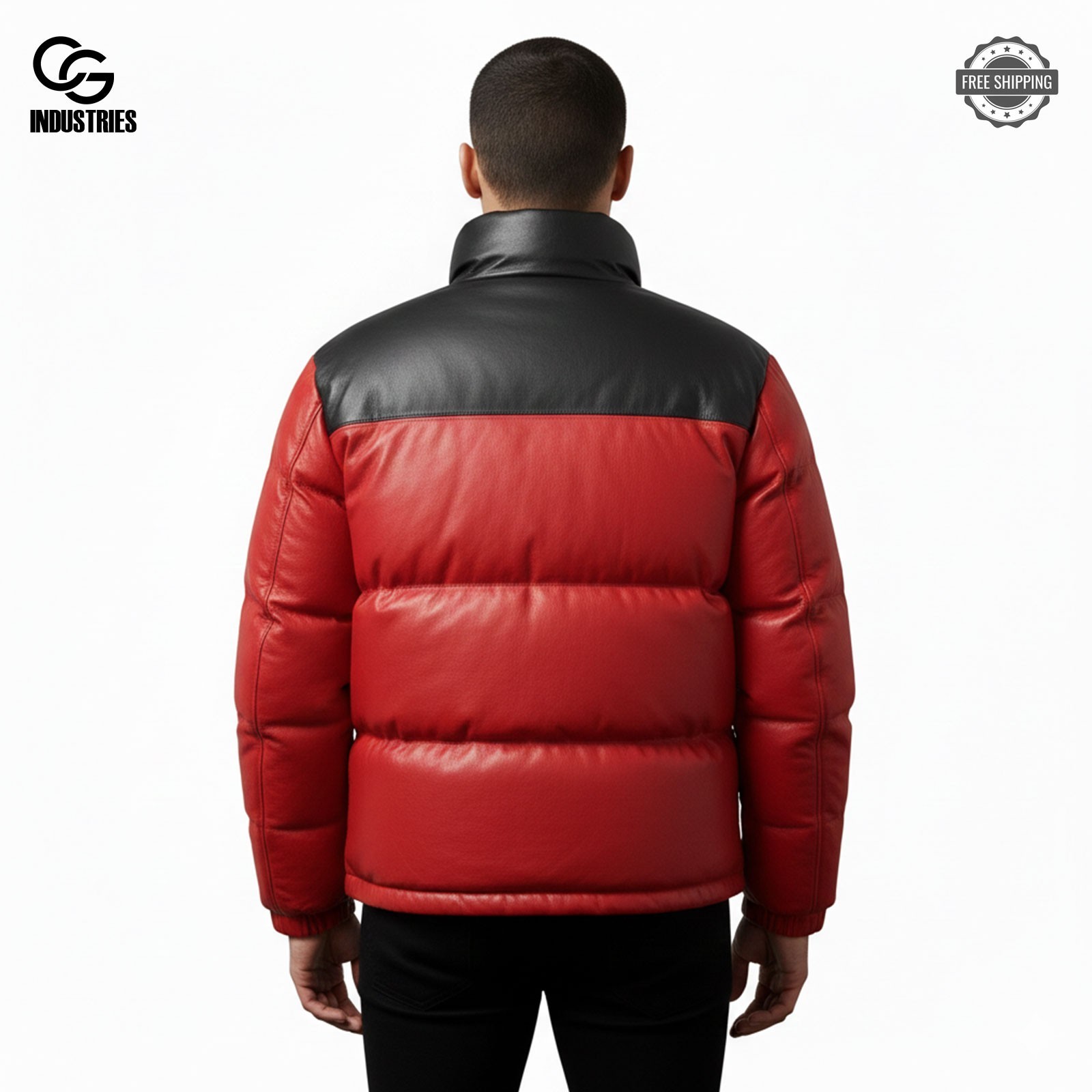 Men’s Genuine Sheepskin Leather Puffer Jacket Red/Black Winter Warm Coat All Siz