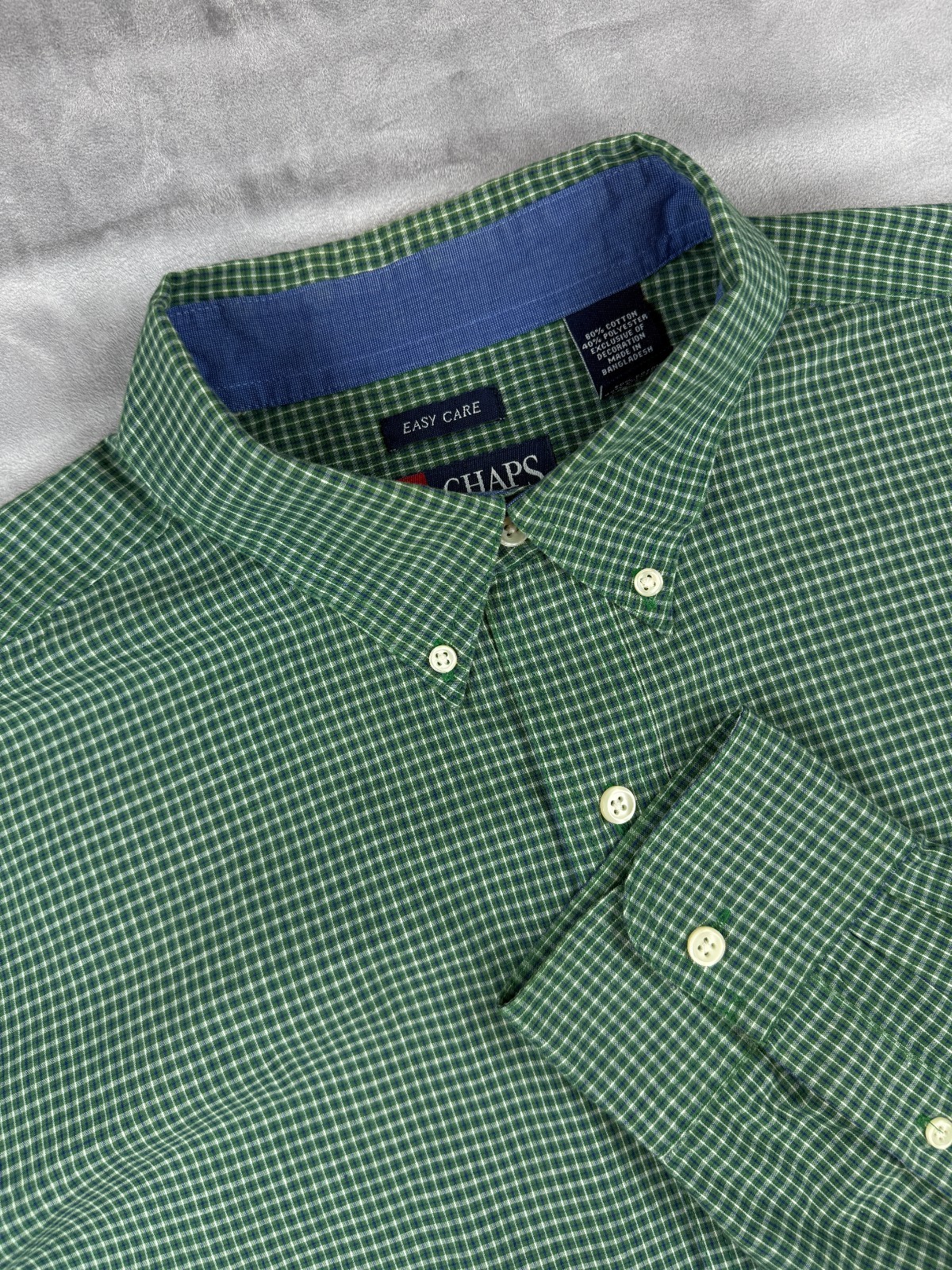 Chaps Men’s XL Long Sleeve Easy Care Green/Navy Gingham Check Button-Down Shirt