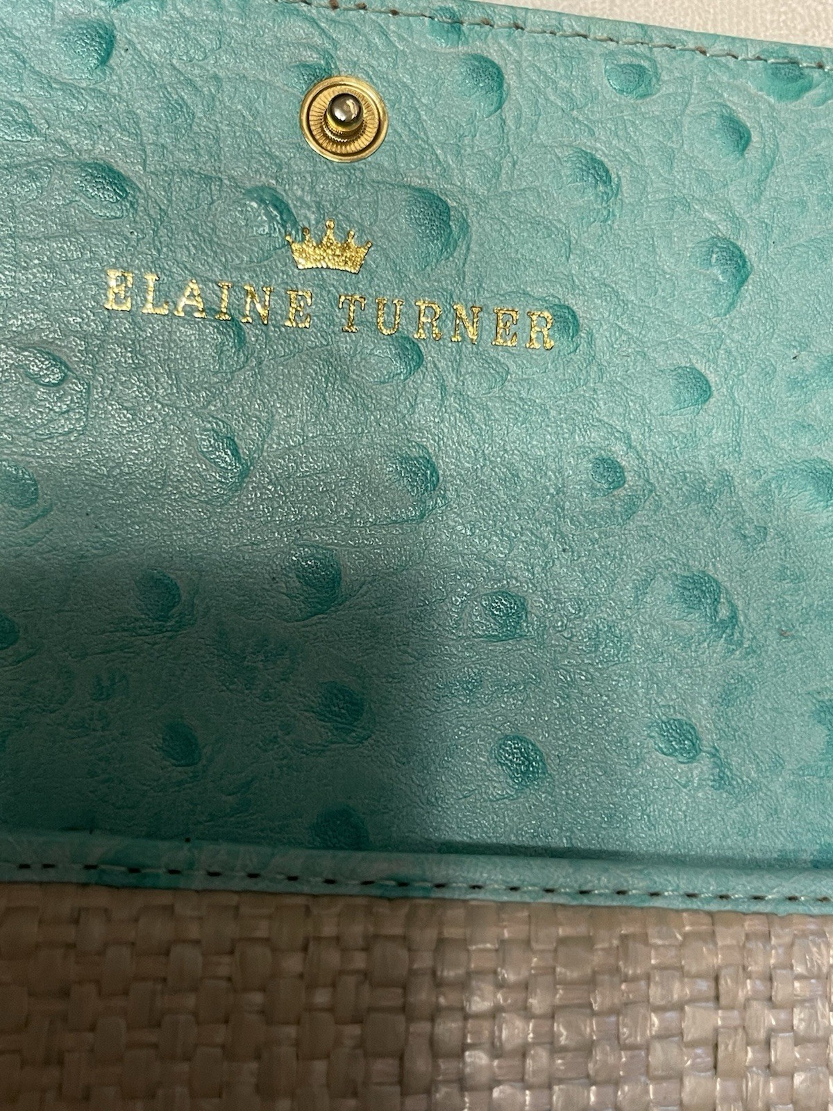 Elaine Turner Turquoise Ostrich Leather/StrawWallet New Without Tags