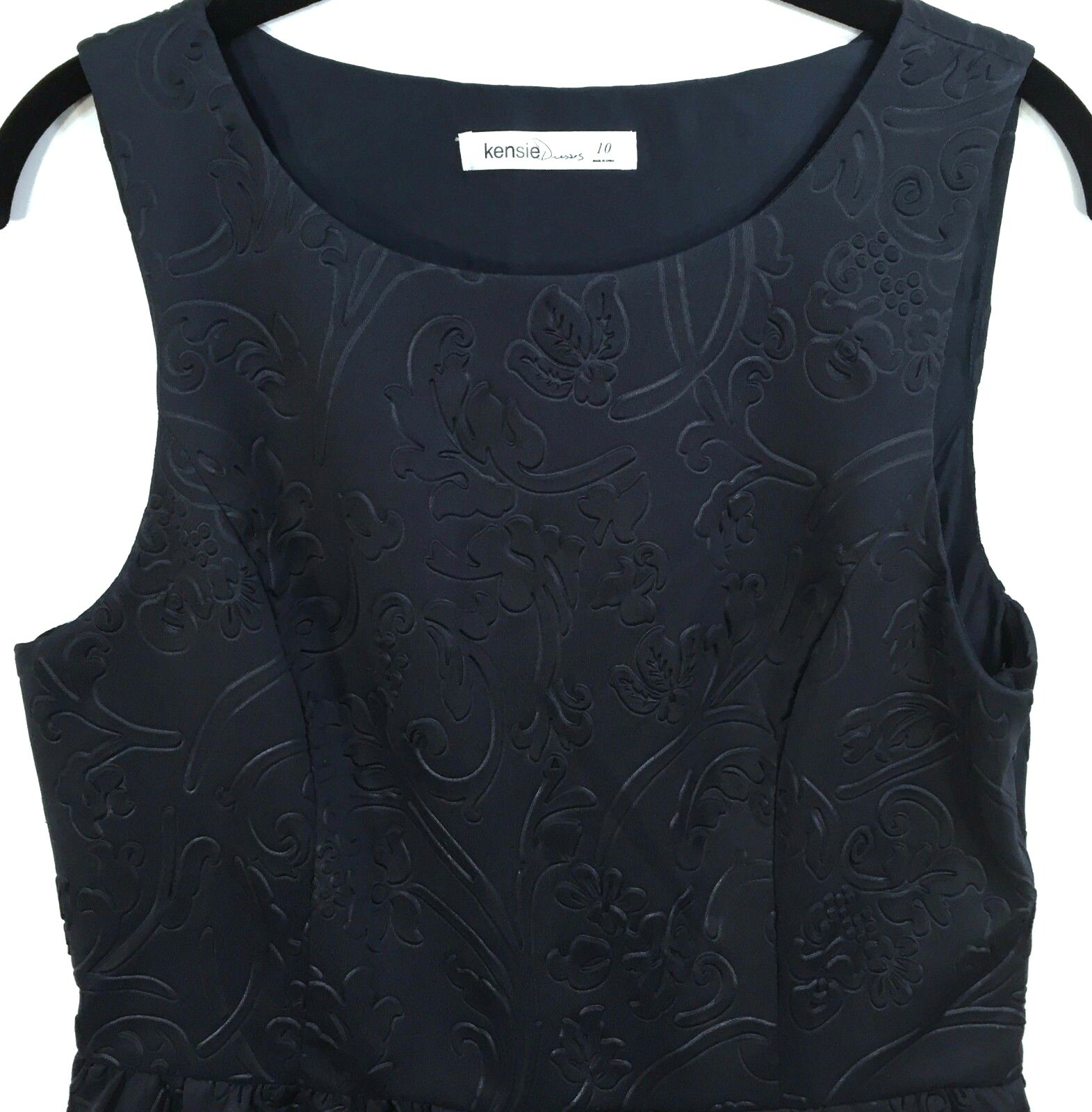 Kensie Dress Size 10 Navy Blue Textured Foliage Sleeveless Side Zipper