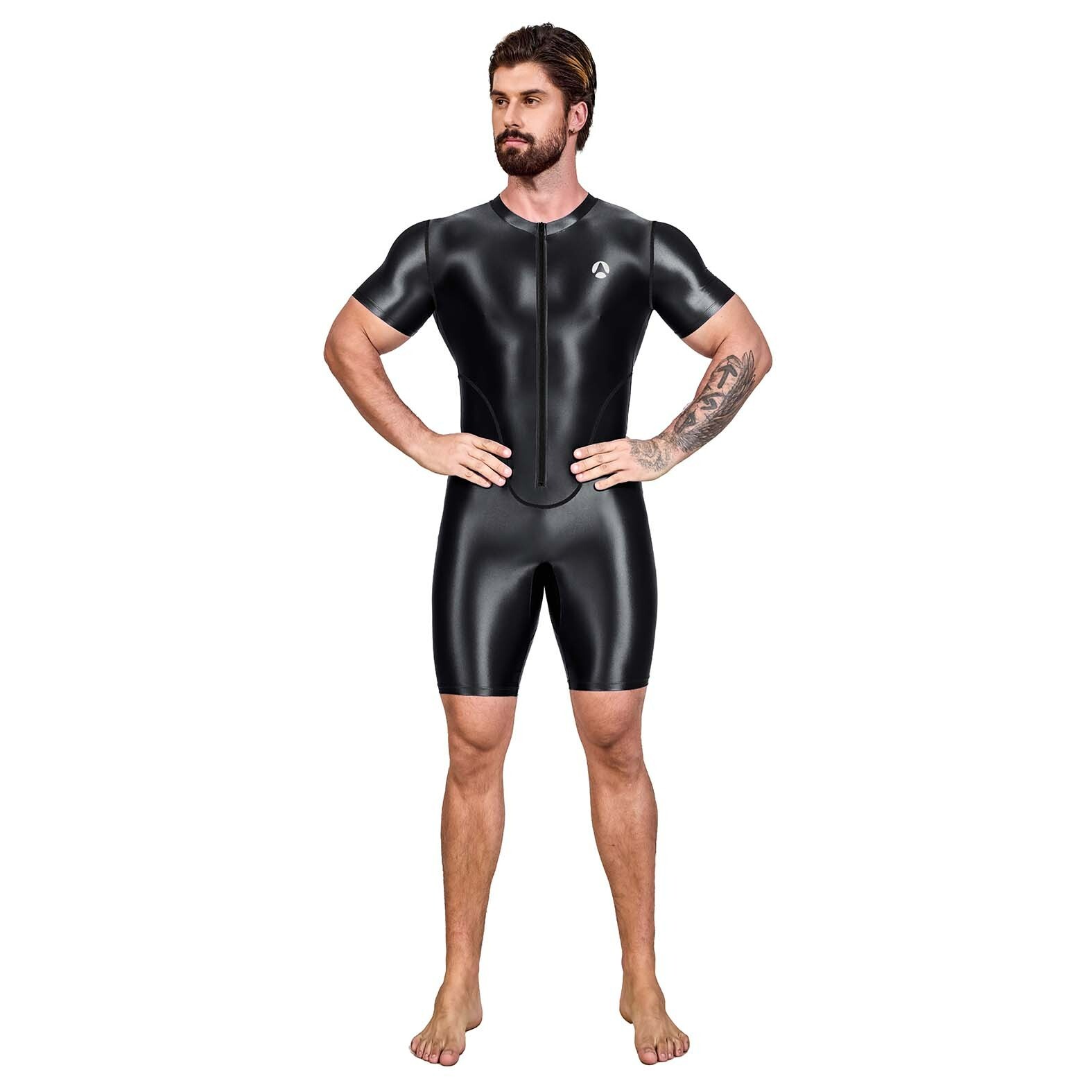 NEW AMORESY Men Shiny Glossy Tracksuits Bodysuit Tights Jumpsuits Overalls Suits