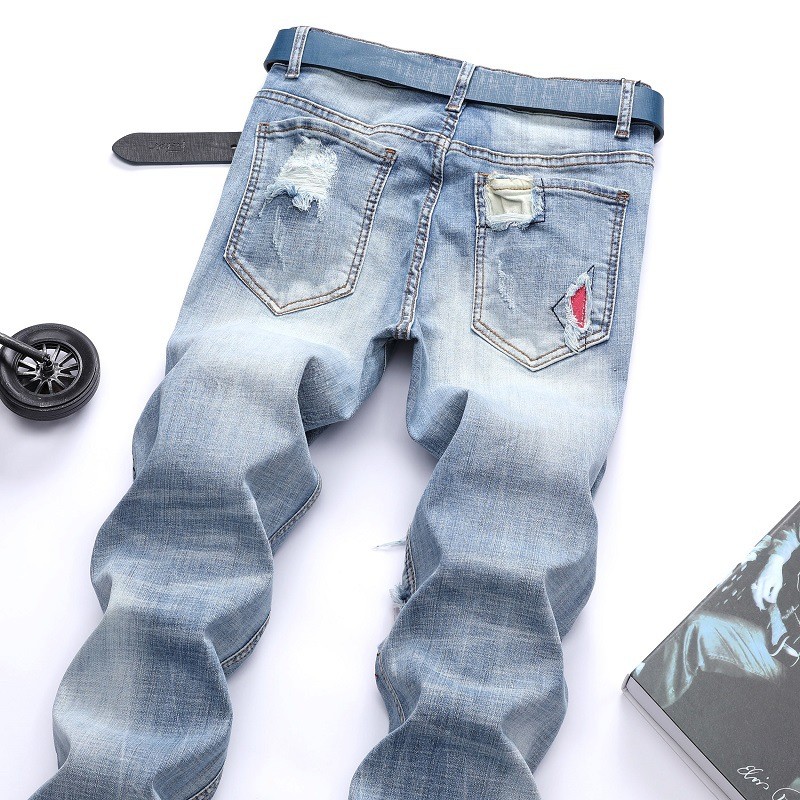 Men’s Casual Light Colored Elastic Motorcycle Pants with Torn Middle Waist Jeans