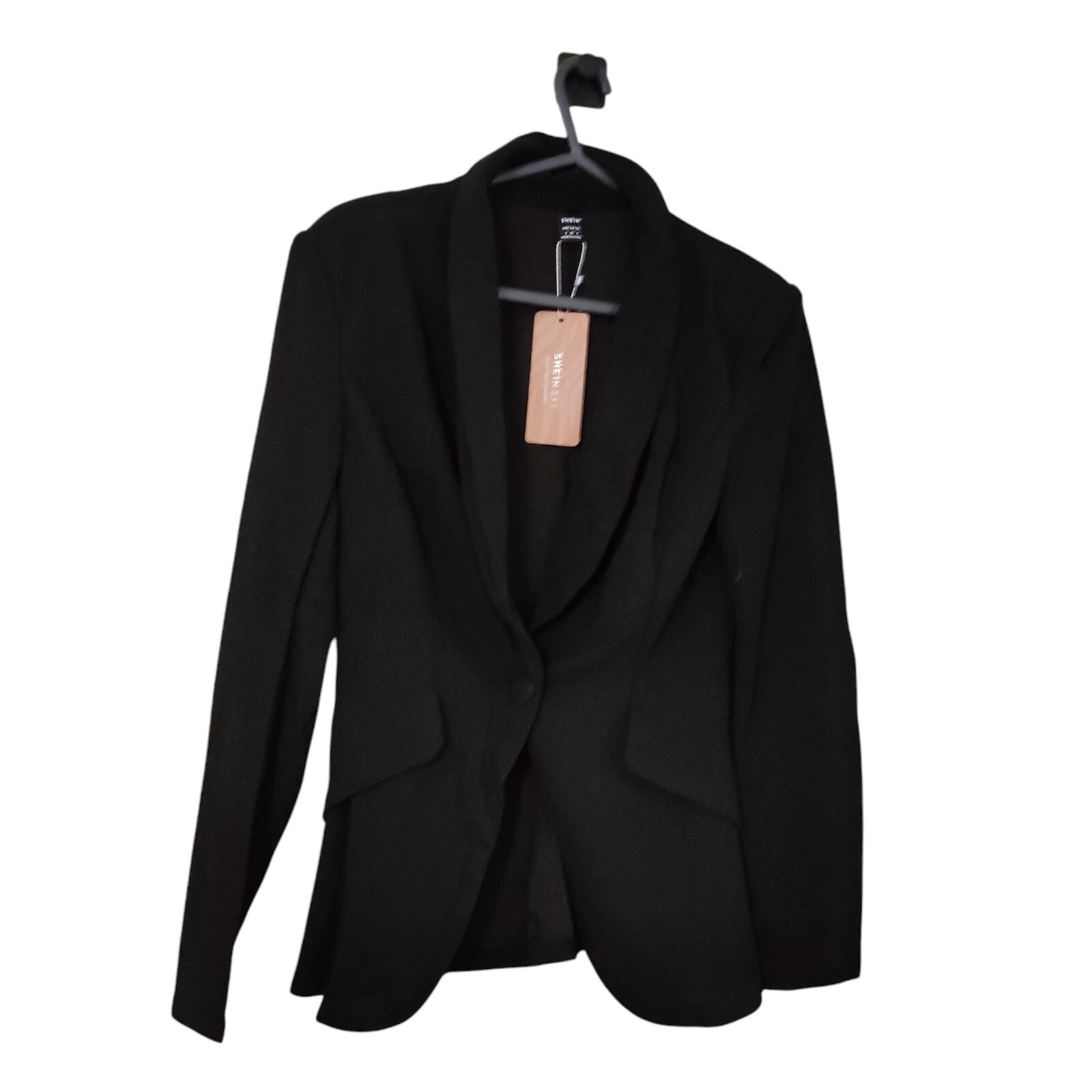 shein women blazer black button up long sleeve collared lapel pockets size S