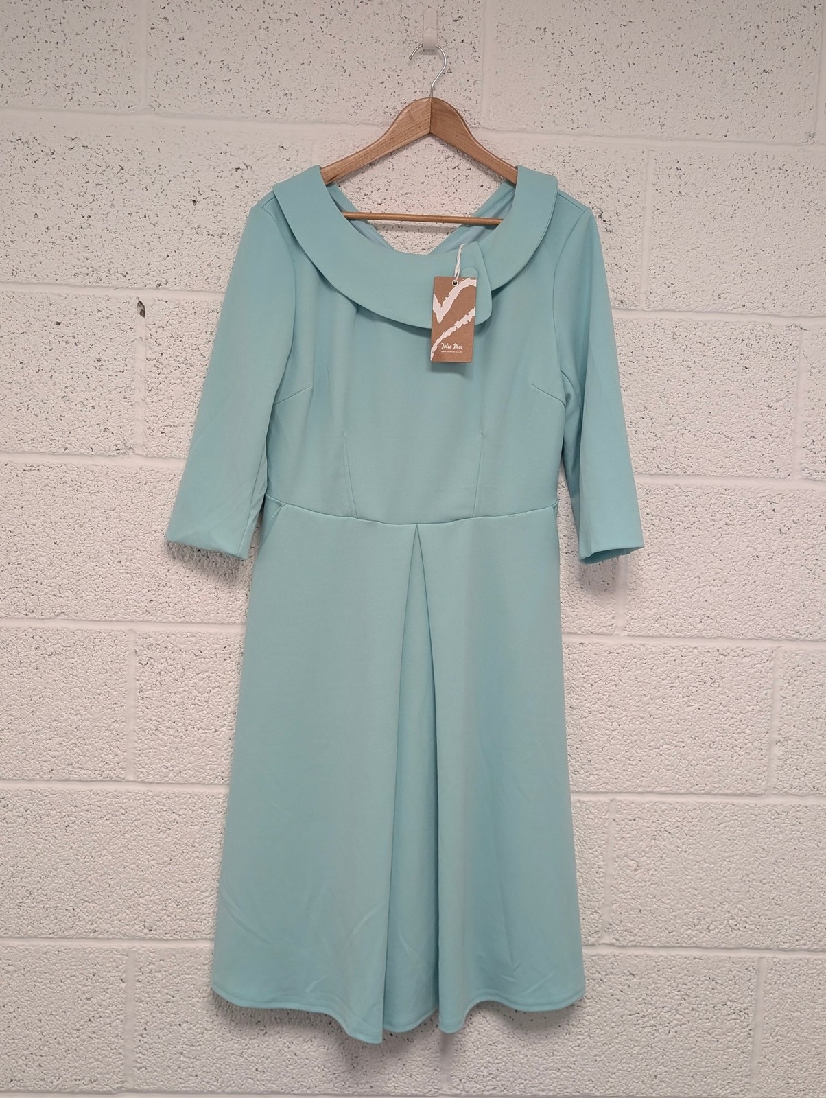 Jolie Moi 3/4 Sleeve Fold Neck Midi Dress Light Green/Turquoise UK 16 New