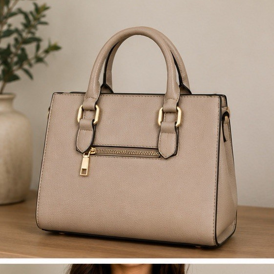 Women’s Beige Pebbled Satchel Top Handle Bag, Zip Closure