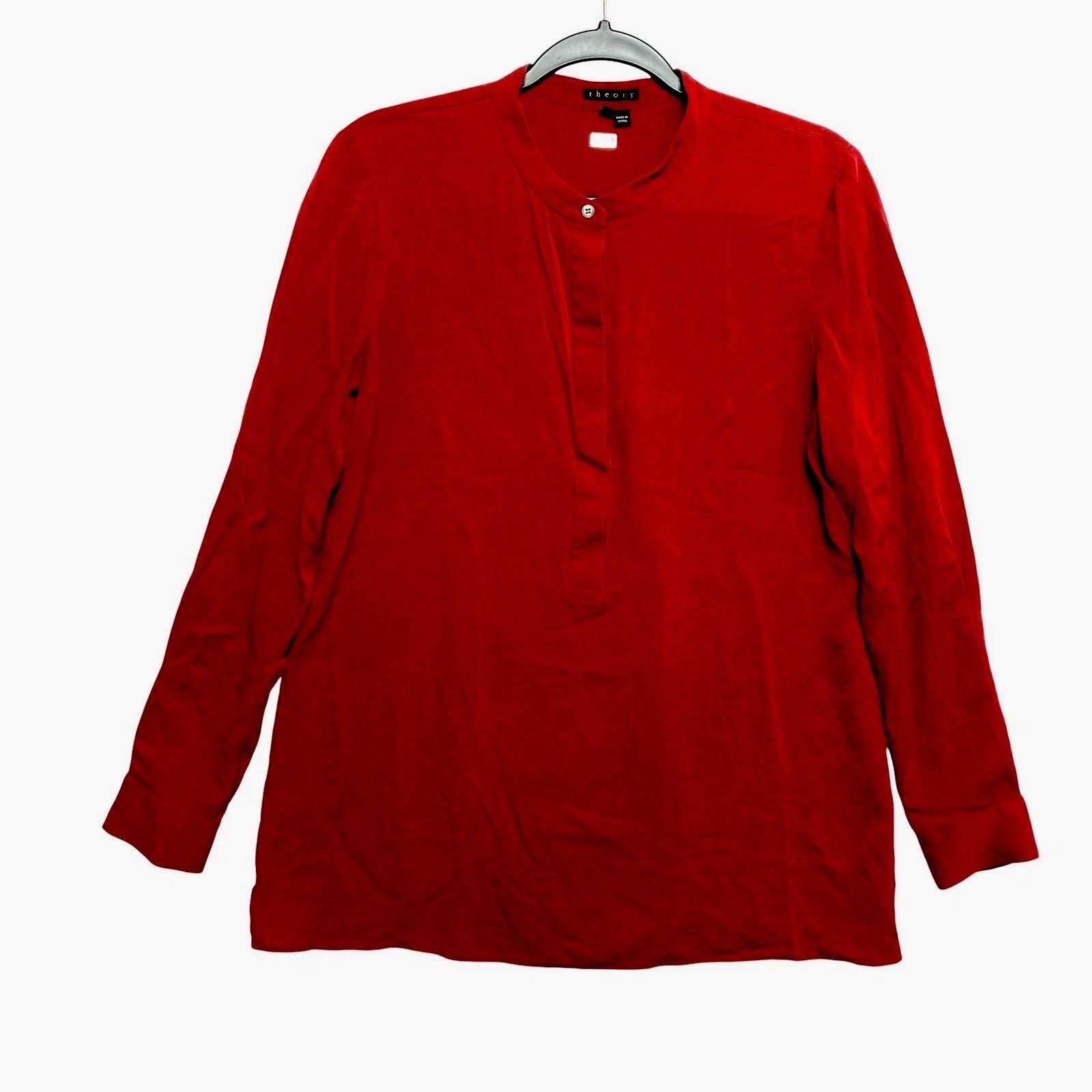 Theory Shirt Womens M Red Long Sleeve Mandarin Collar Button Front Silk Blend