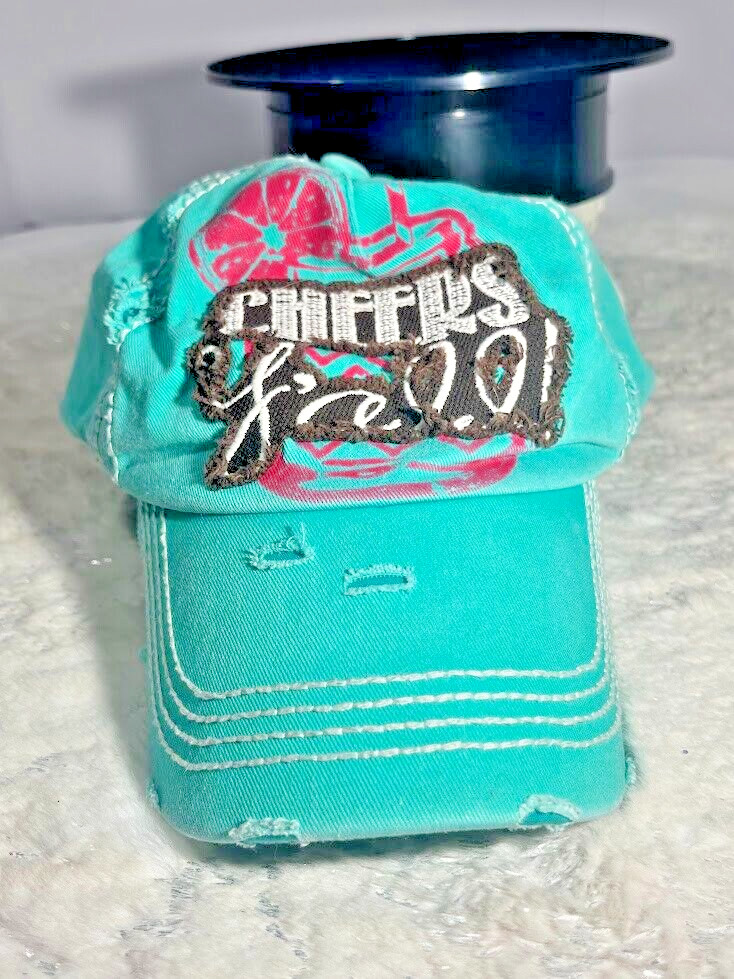 Kbethos Vintage Hat “Cheers Yall: Turqoise Distressed Look Fun Cowgirl Rodeo