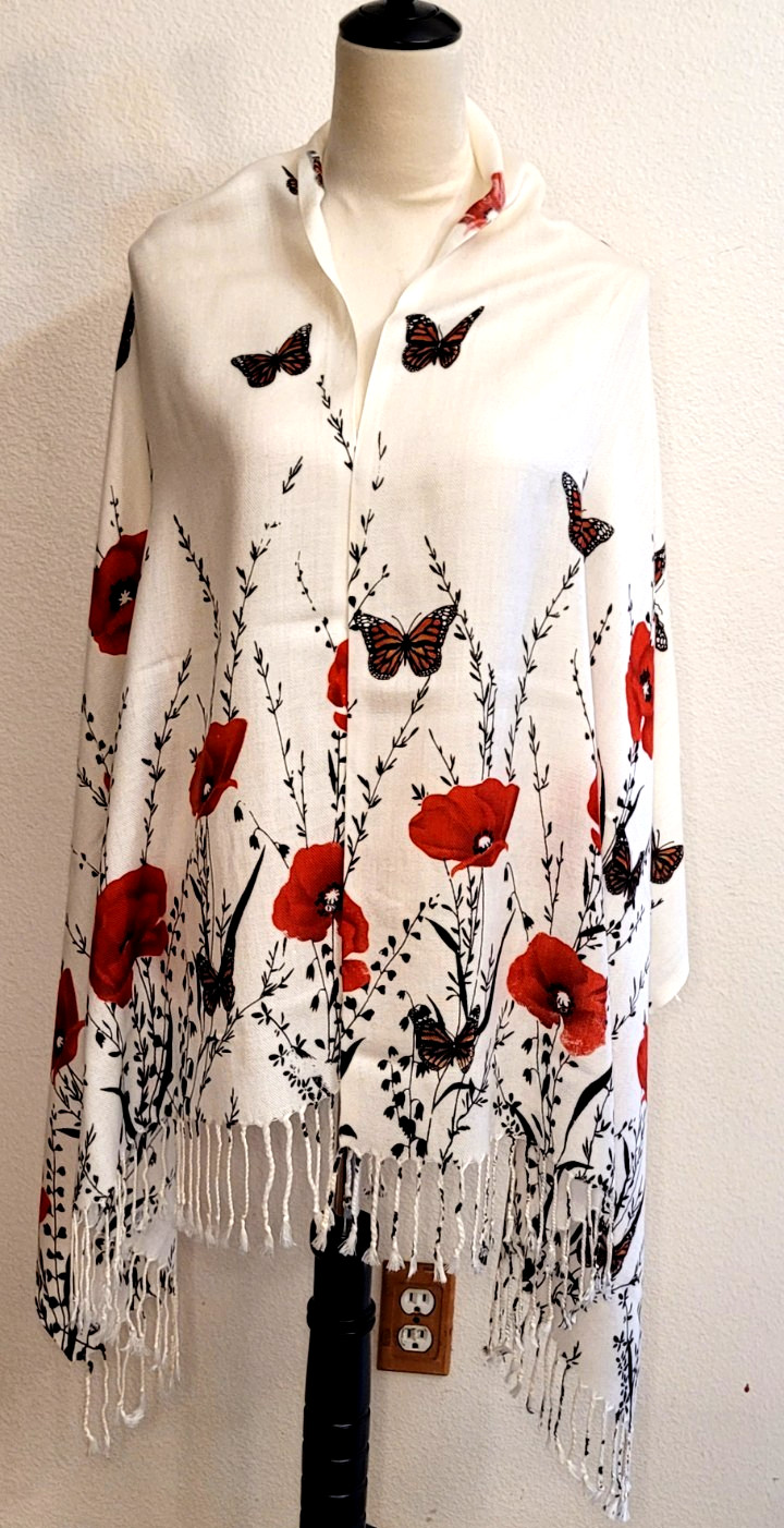 Butterfly/ Monarca/ Flowers/ Fringe/White & Red / Rojo Rebozo, Scarf, Wrap