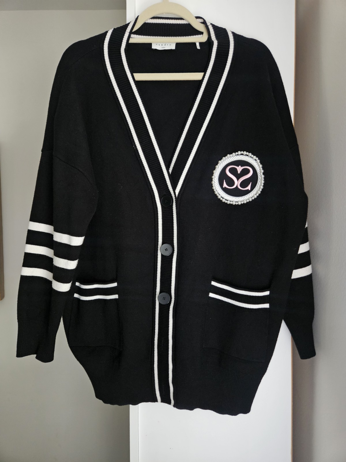 Sandro Paris Black/White Striped Knit Button V-Neck Cardigan Size M