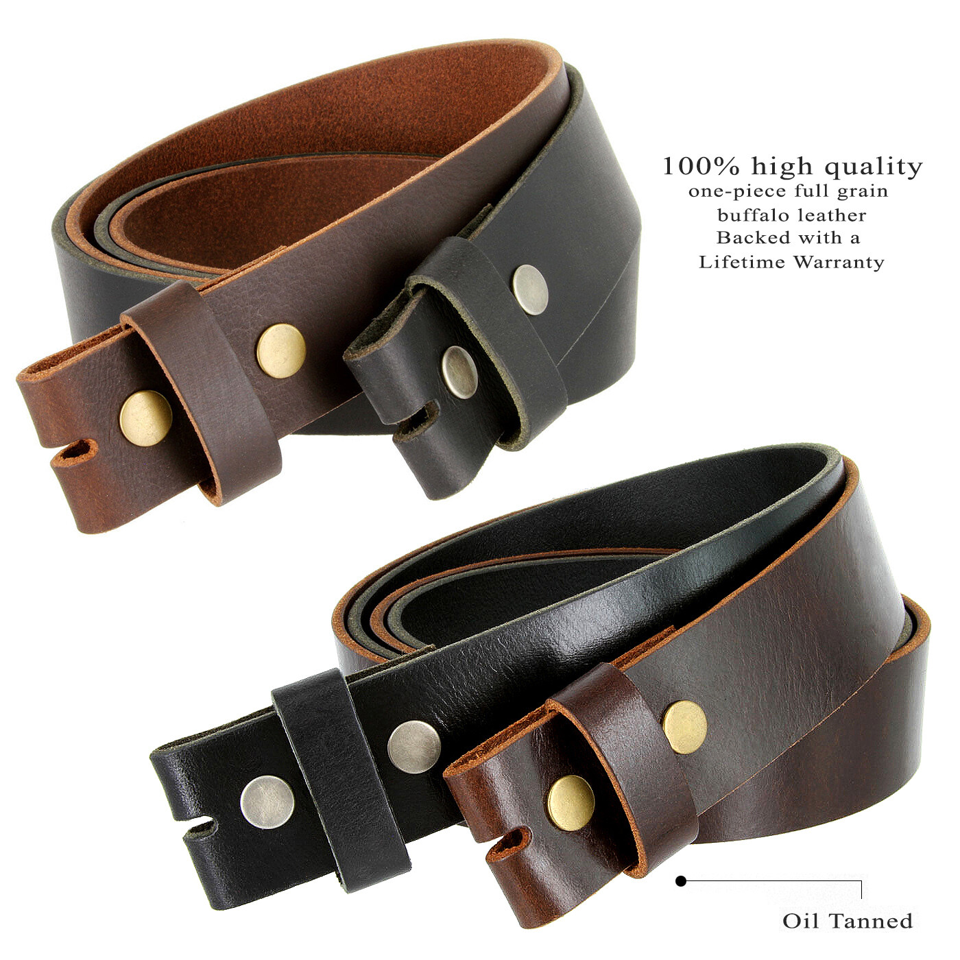 One Piece Full Grain Buffalo Oil Tanned Leather Replacement Belt Strap 1-1/2″