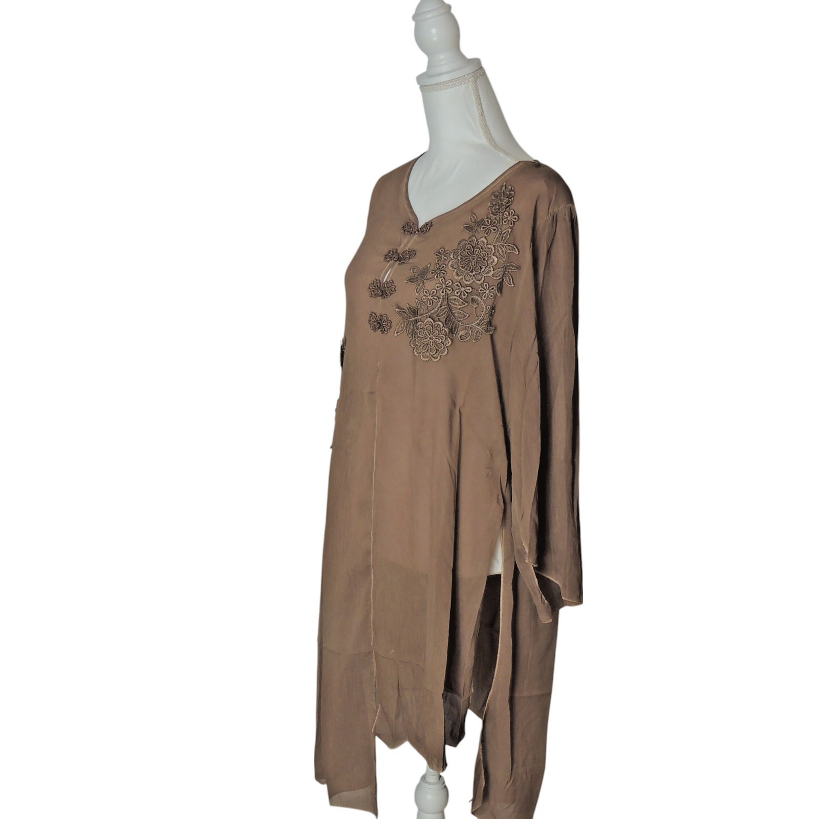 Pretty Angel Whimsical Fairy BOHO Sheer Split Embroidered Brown Blouse Large