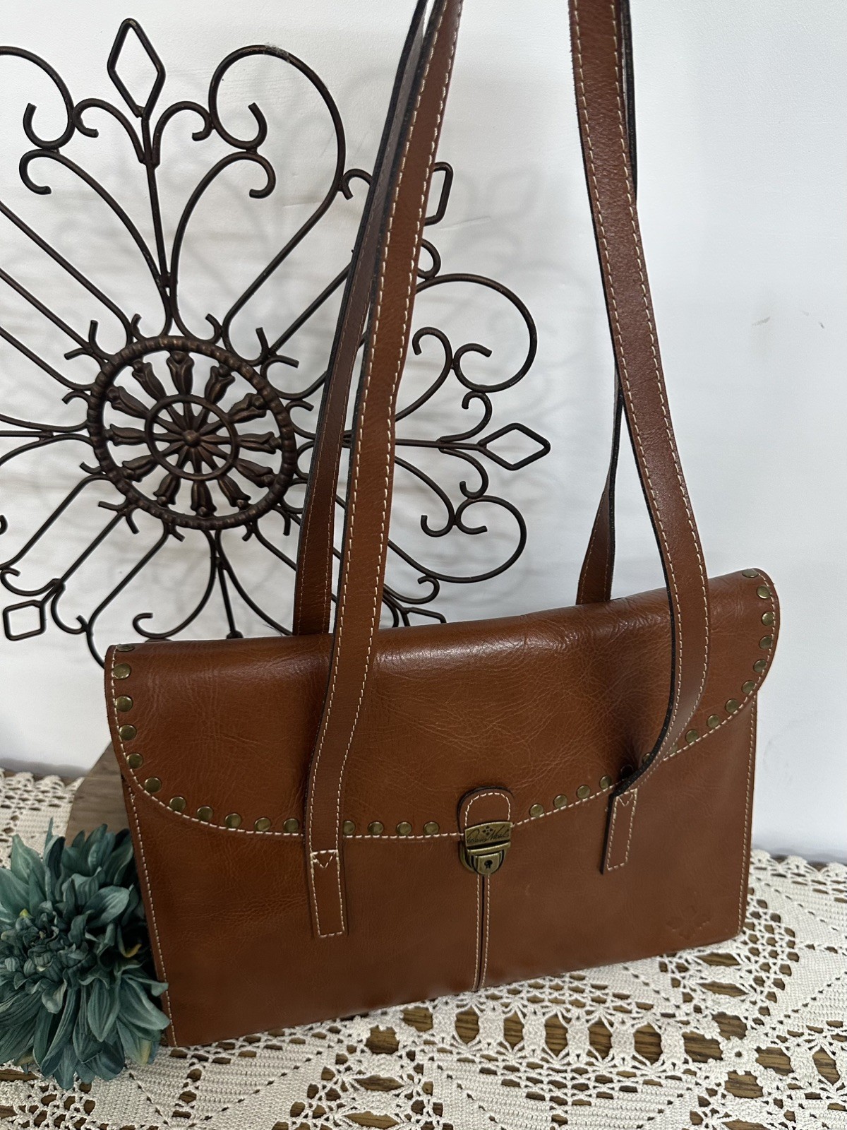 PATRICIA NASH Verbania Brown Leather Studded Satchel Portfolio Shoulder Handbag