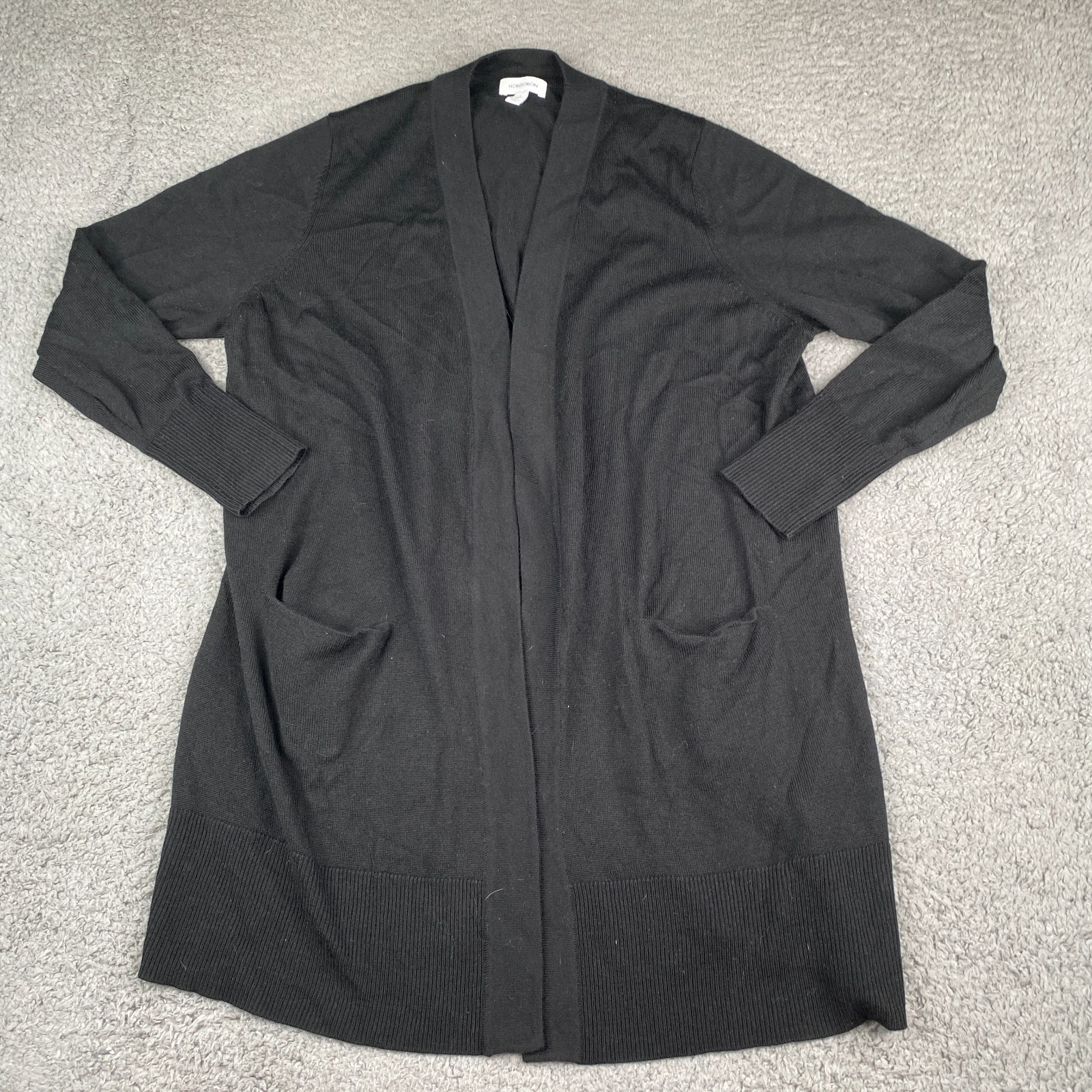 Nordstrom Cardigan Sweater Womens Large Black Merino Wool Knit Open Front