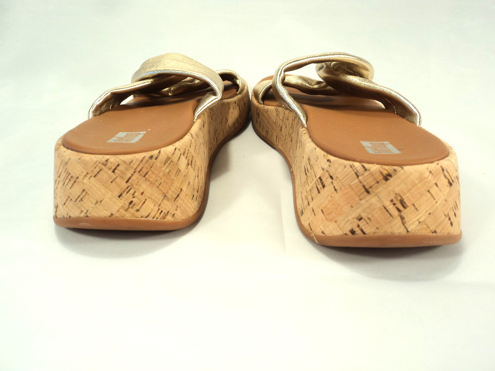 FitFlop F-Mode Leather-Twist Flatform Slides-Cork Wrap in Gold Sz 10 NWOB