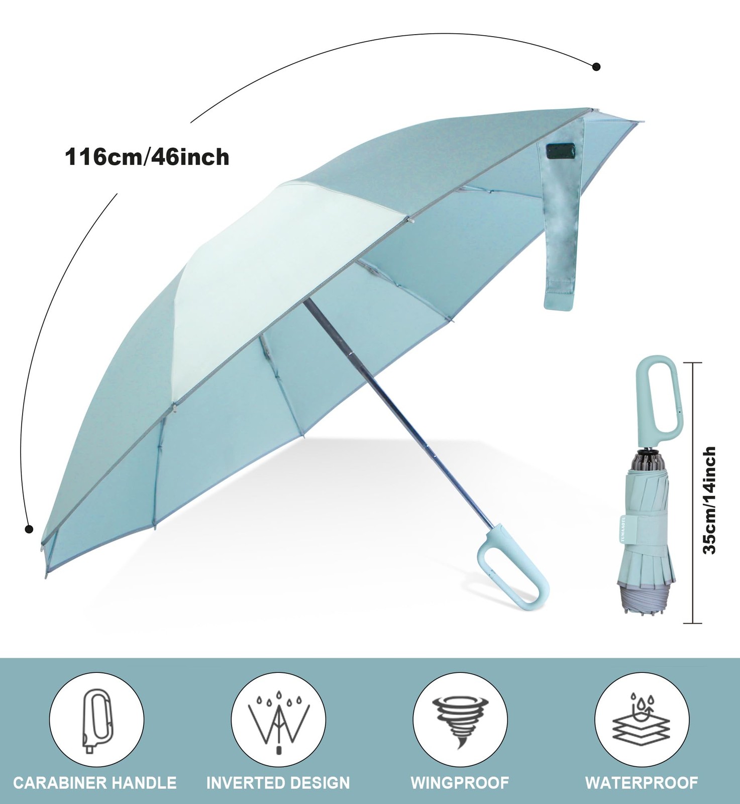 QWB TUMAAOTU Inverted Umbrella with Carabiner Handle, 46 IN, A-1 green