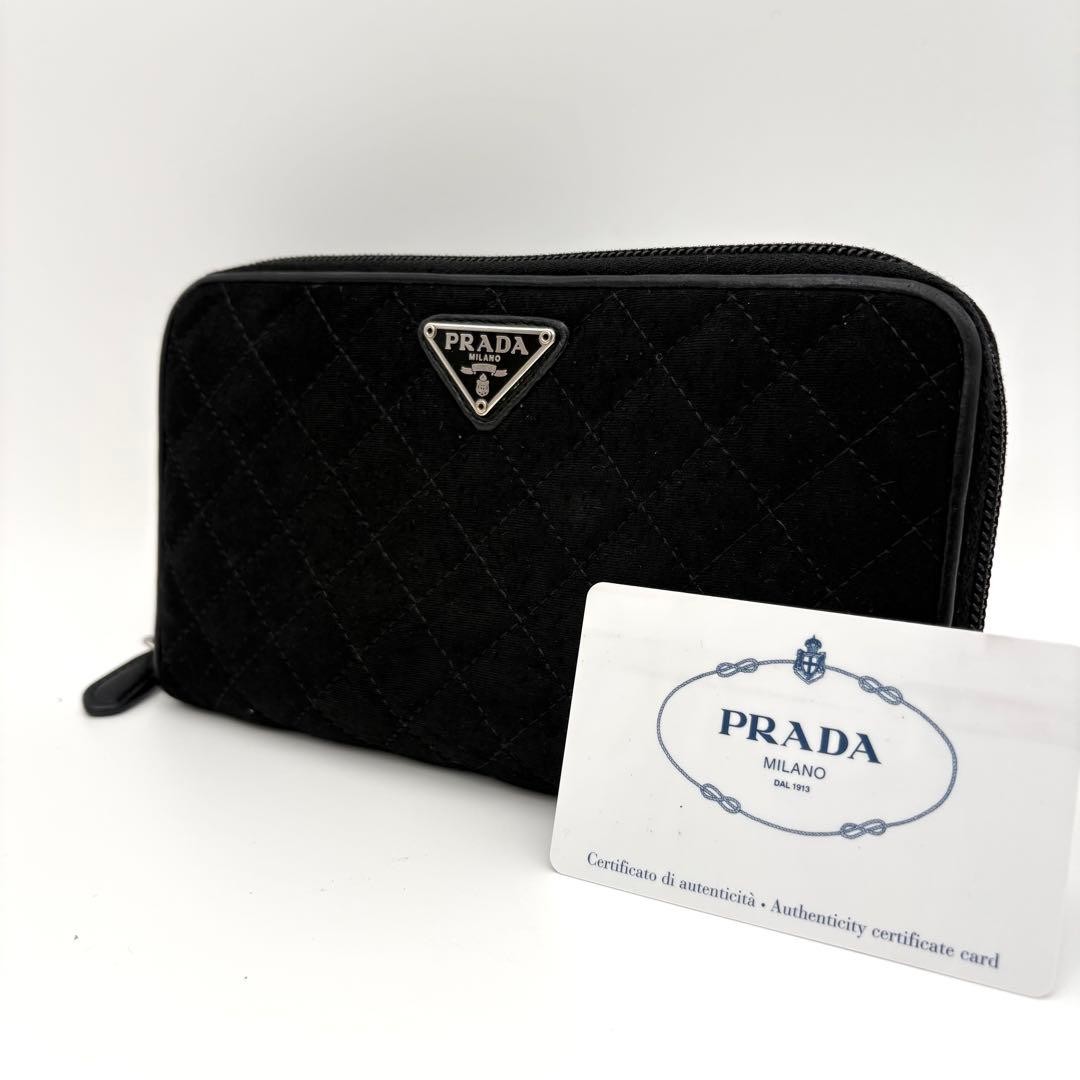 Authenticated PRADA Long Wallet Round Zipper Quilted Triangle Logo Plate Black