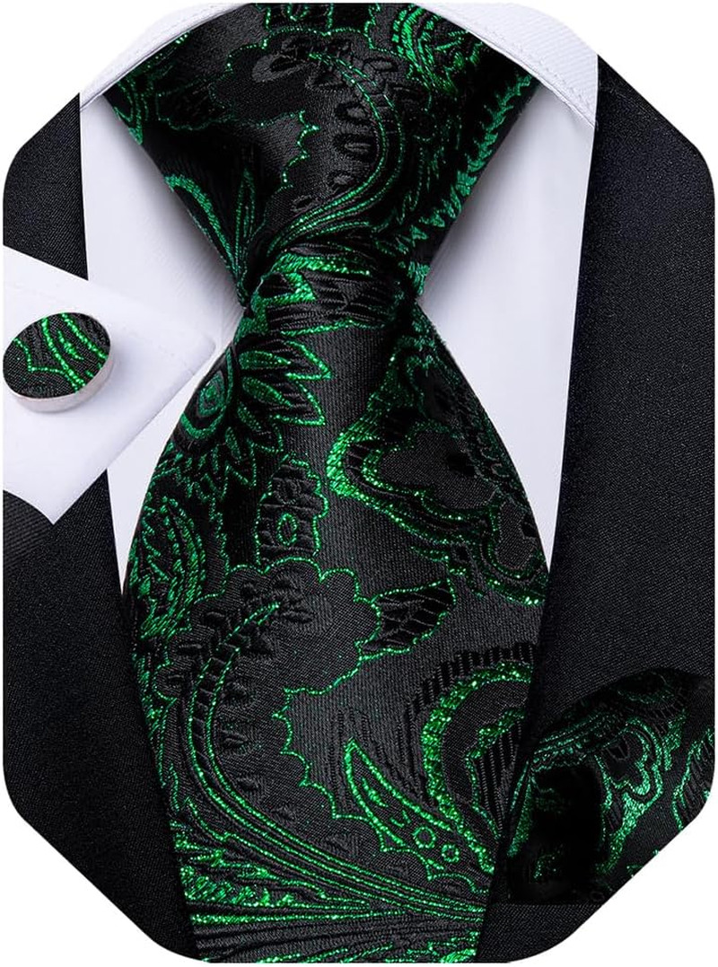 Mens Tie Set Silk Solid Paisley Necktie and Pocket Square Cufflinks Classic Form