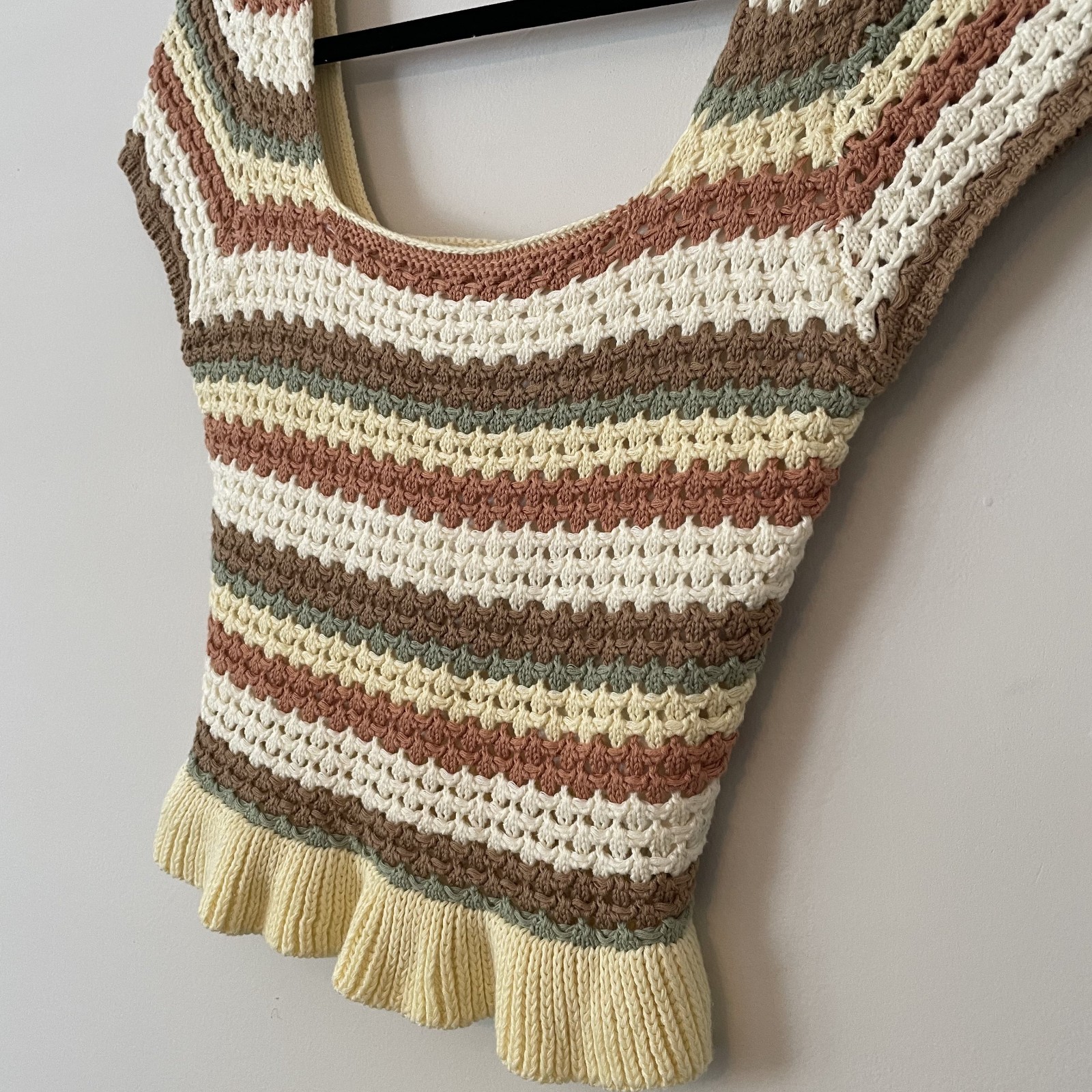 100% Cotton Crochet Open Knit Striped Crop Top Sz S Ruffles Granny Boho Cottage