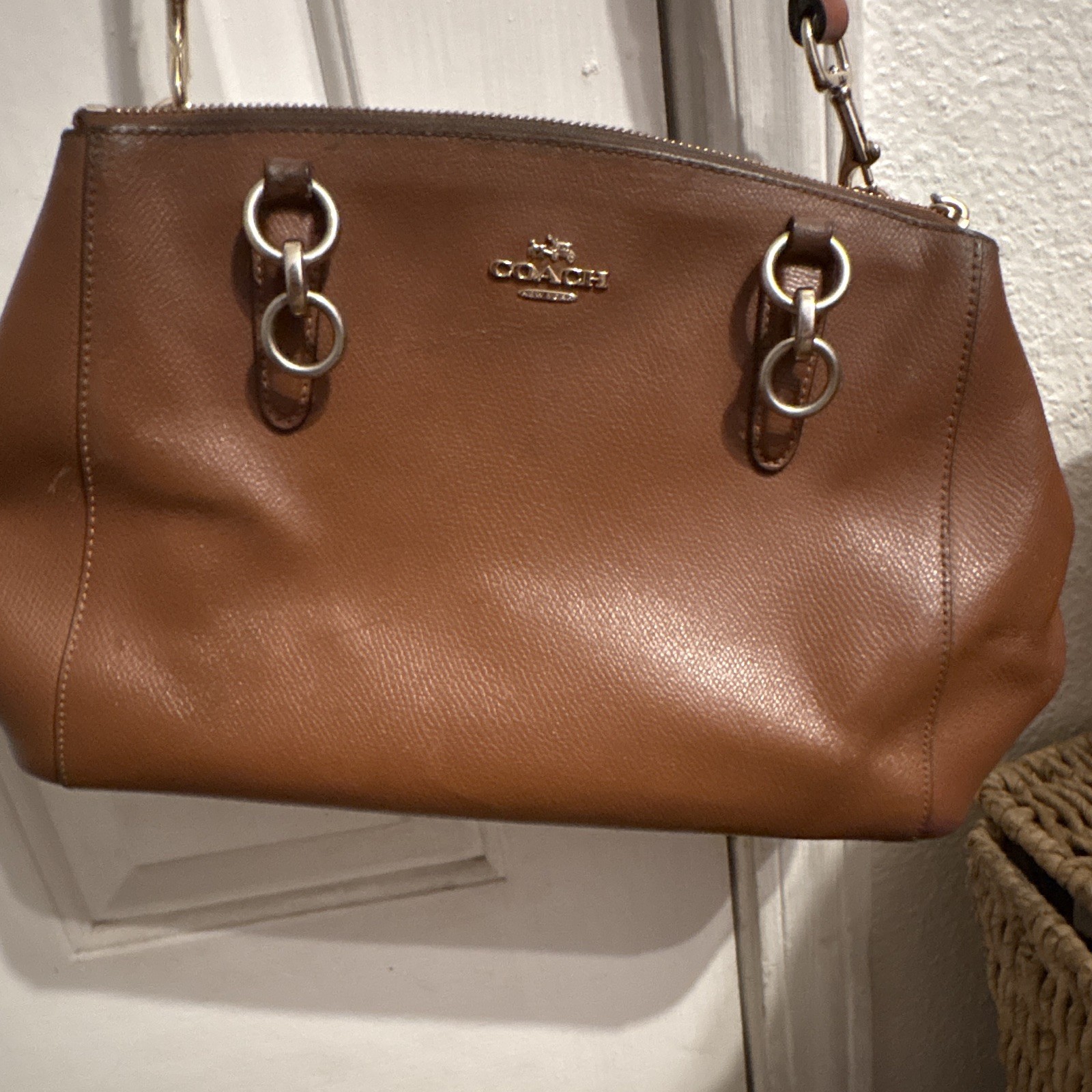 Coach Brown Pebbled Zip-Top Shoulder Bag w/ Detachable Strap, Silver Hardware
