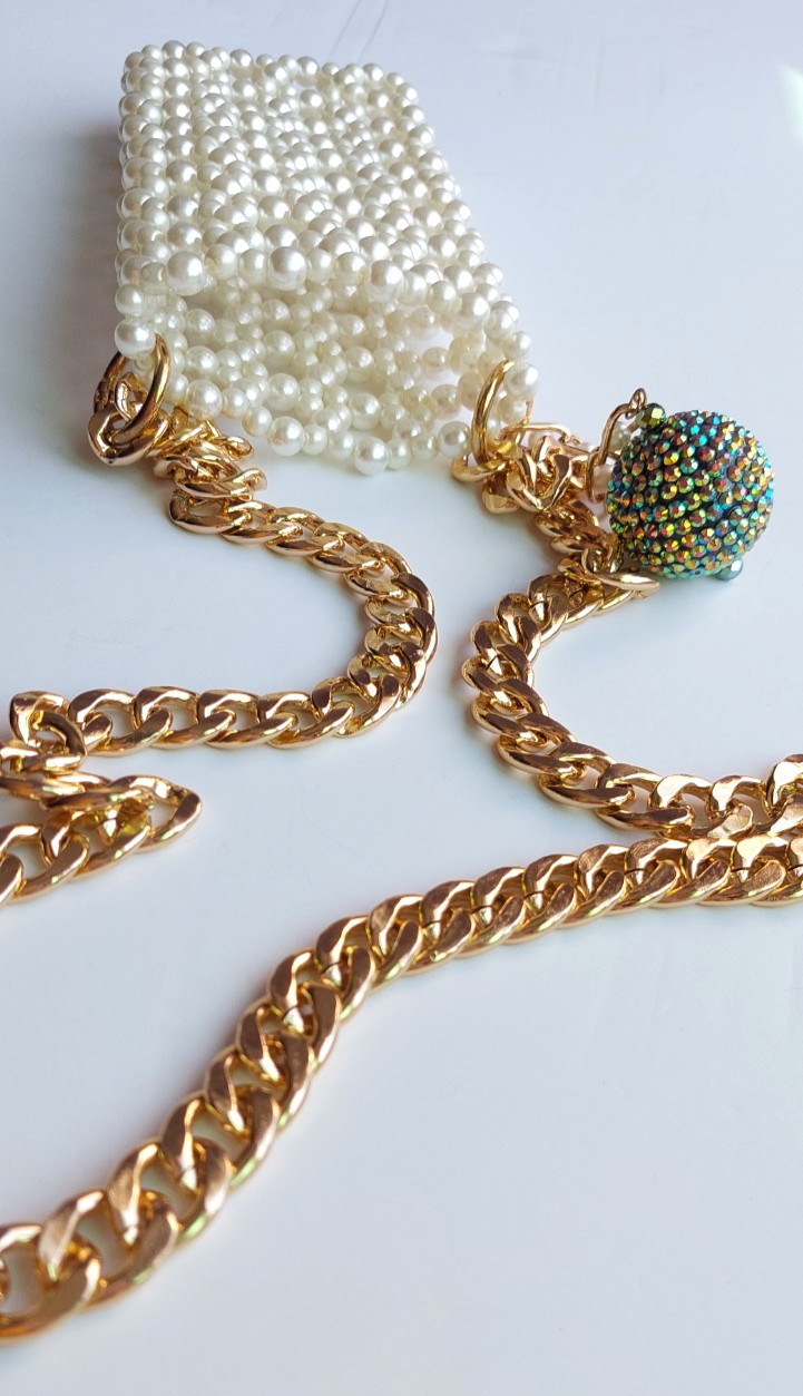 Handmade Pearl Beaded Cell Phone Bag with Gold Chain, Mobile Phone Bag Crossbody