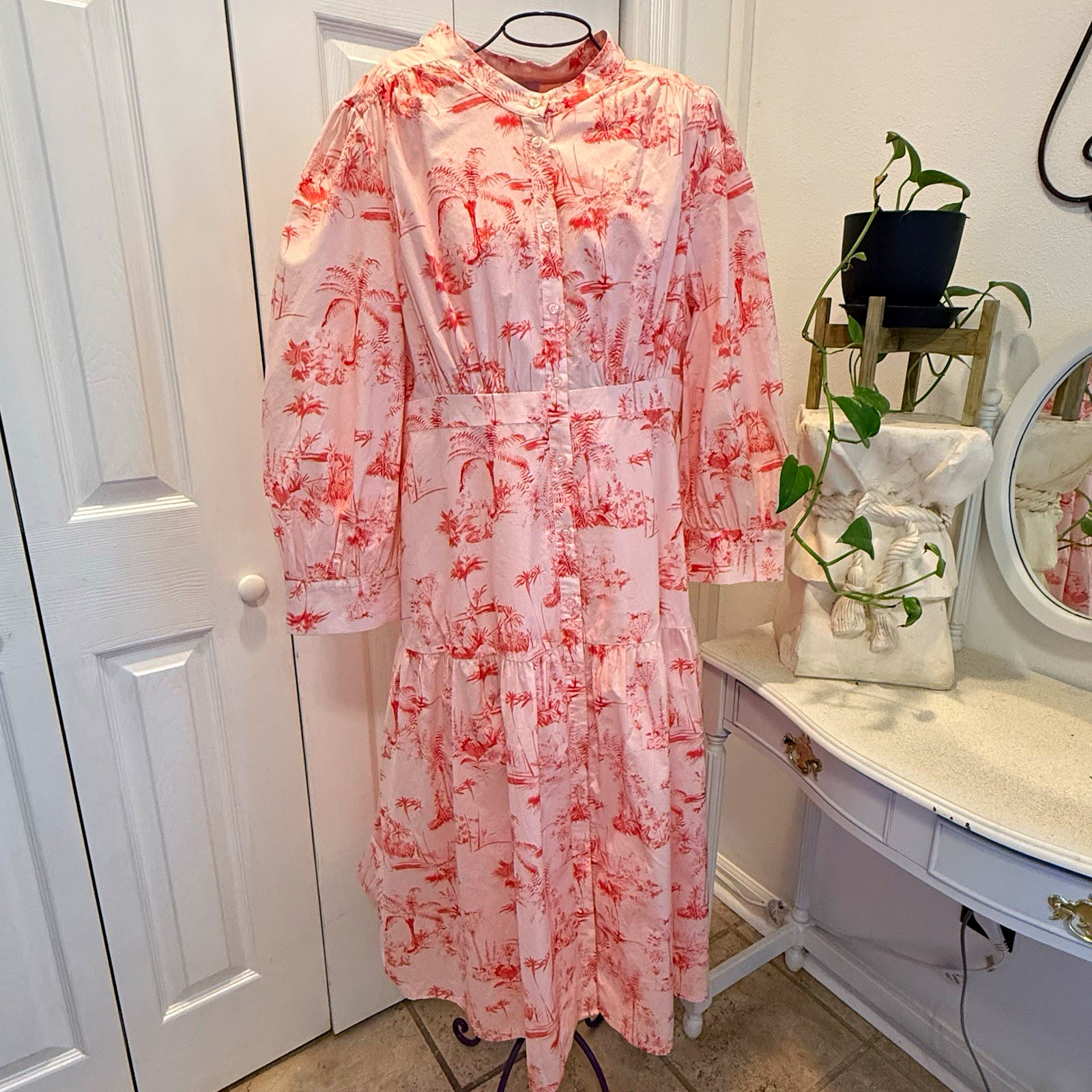 SUGARLIPS Women’s Pink Red Toile Mock Neck Button Front Midi Shirt Dress XL