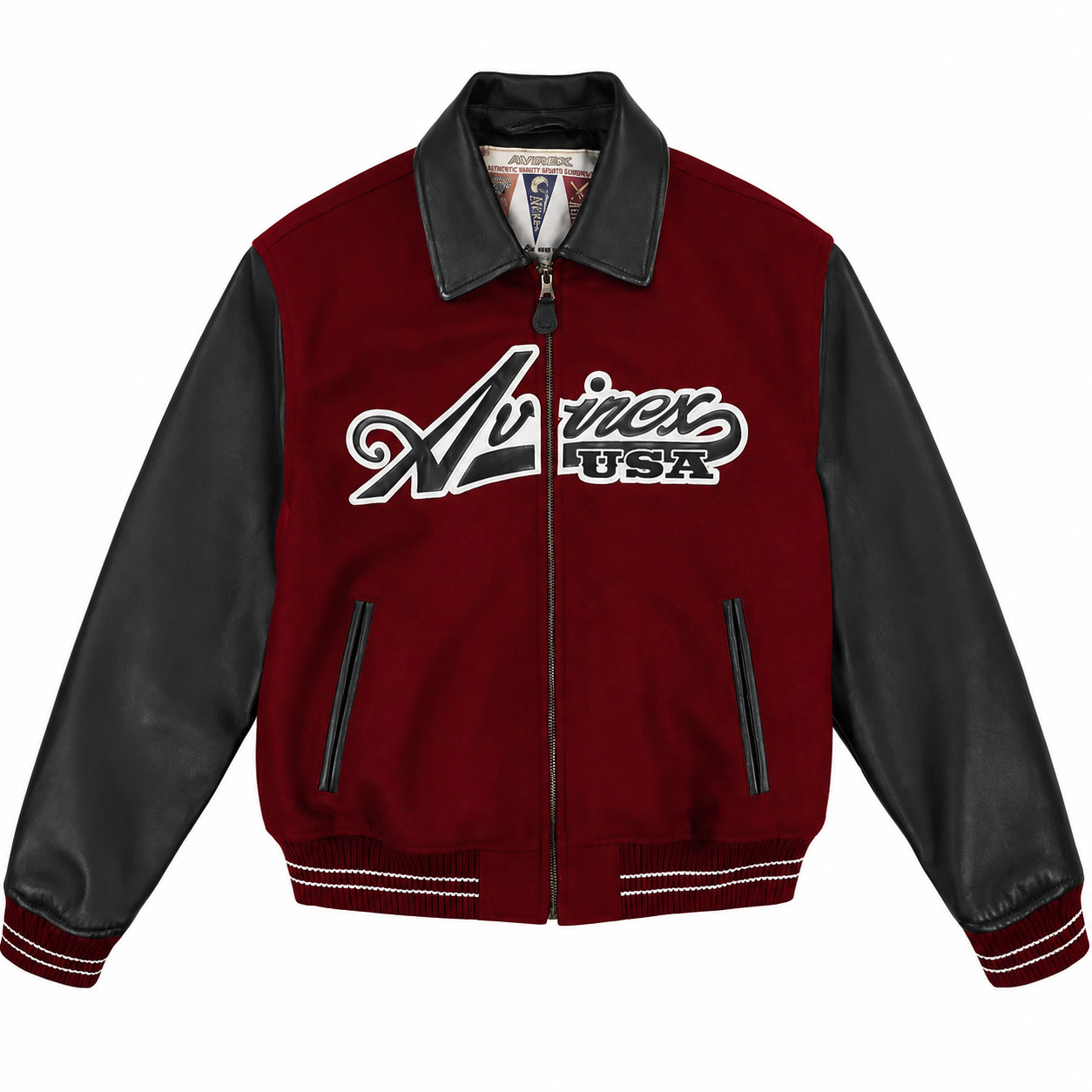 Men’s Avirex Classic Wool Varsity Leather Bomber Jacket American Flight Jacket