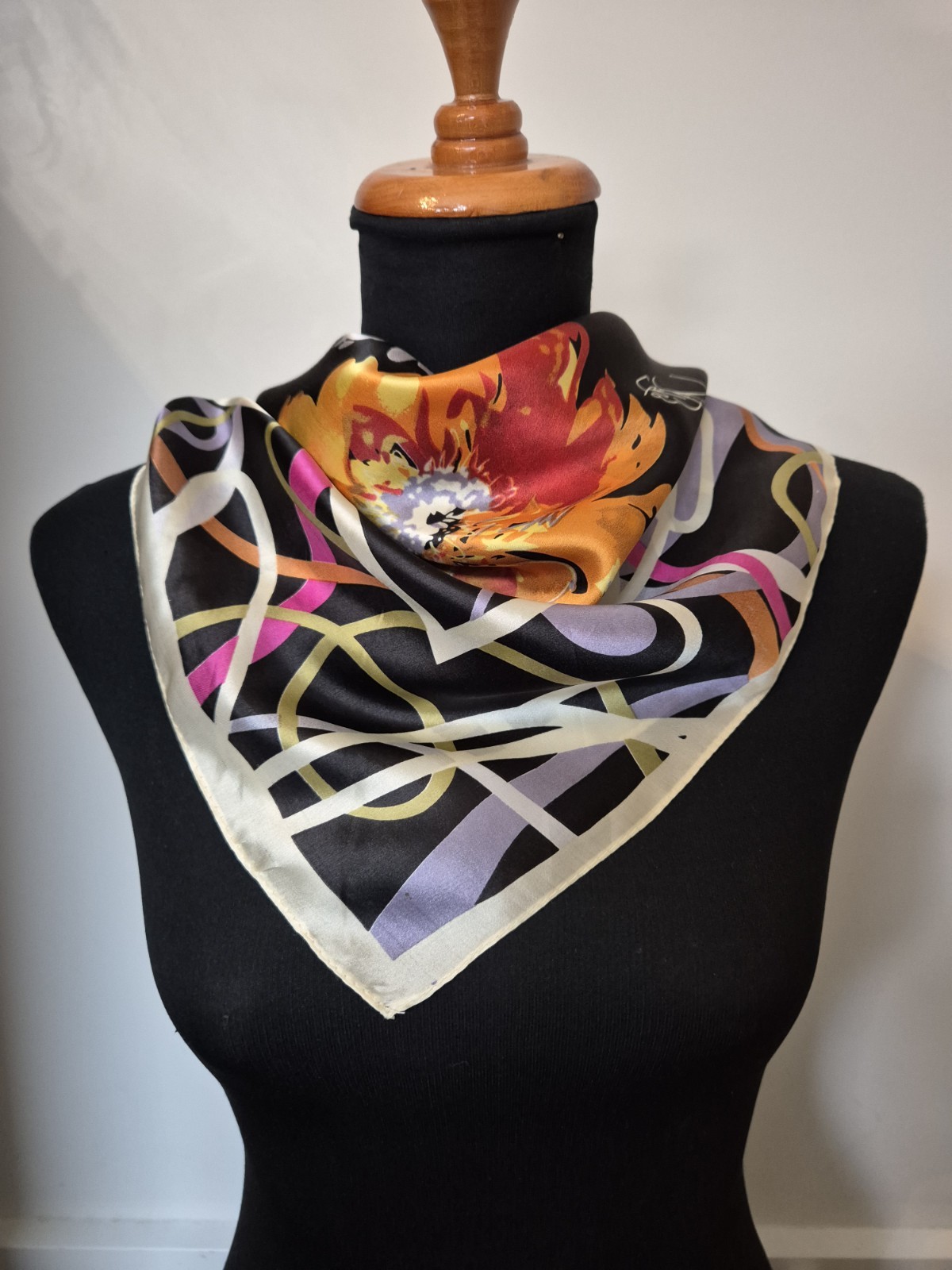 Floral & Circle 82cm Silk Square Scarf Black Pink Orange Cream