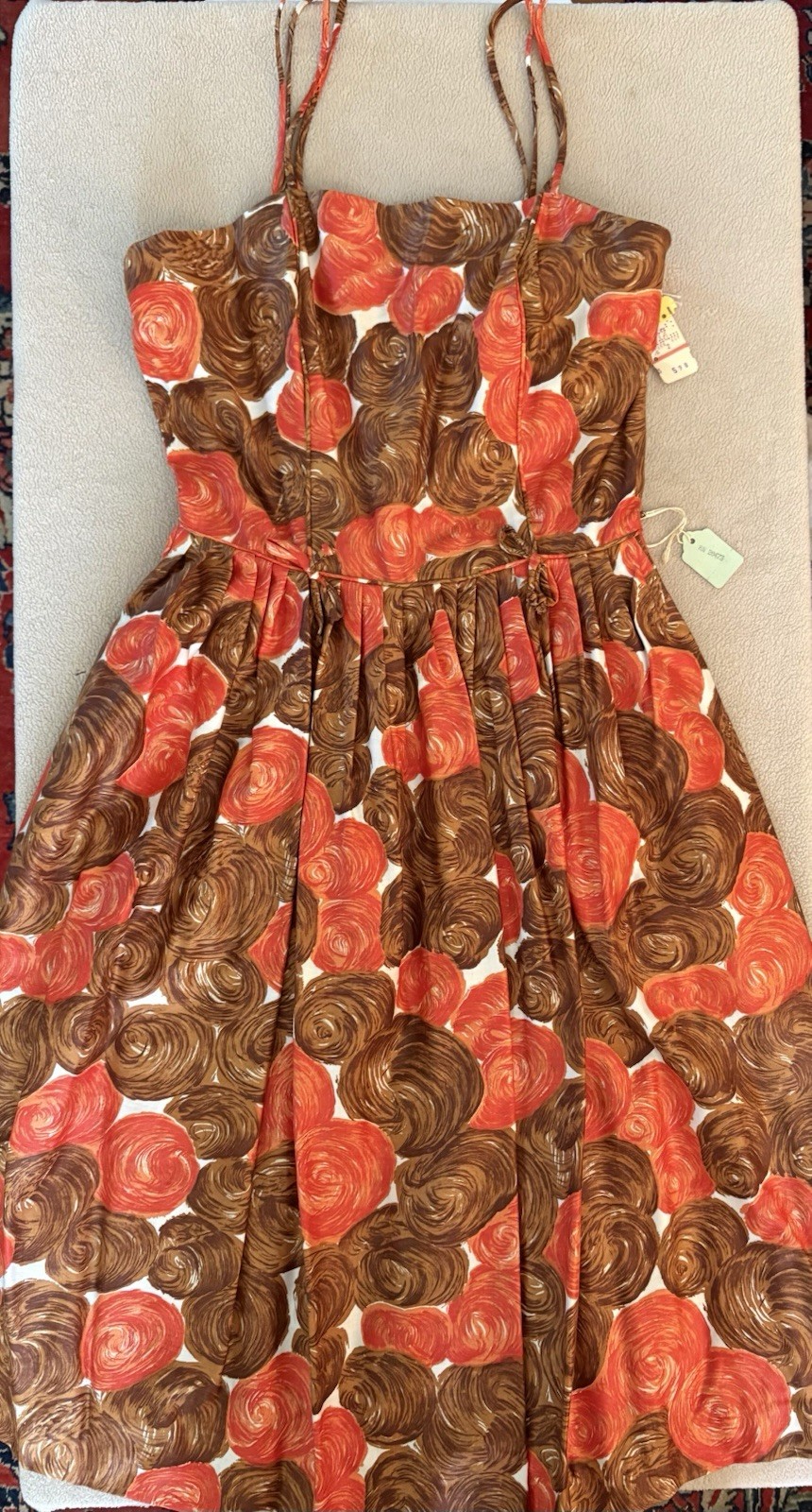 True Vintage 1960s Orange and Brown Swirl Print Sun Dress Spaghetti Straps