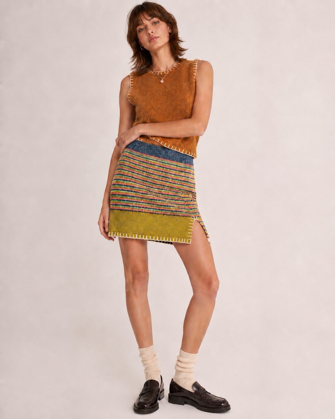 YanYan Knits Tweedle Mini Skirt L Rainbow Stripe Blanket Stitch Colorblock $275